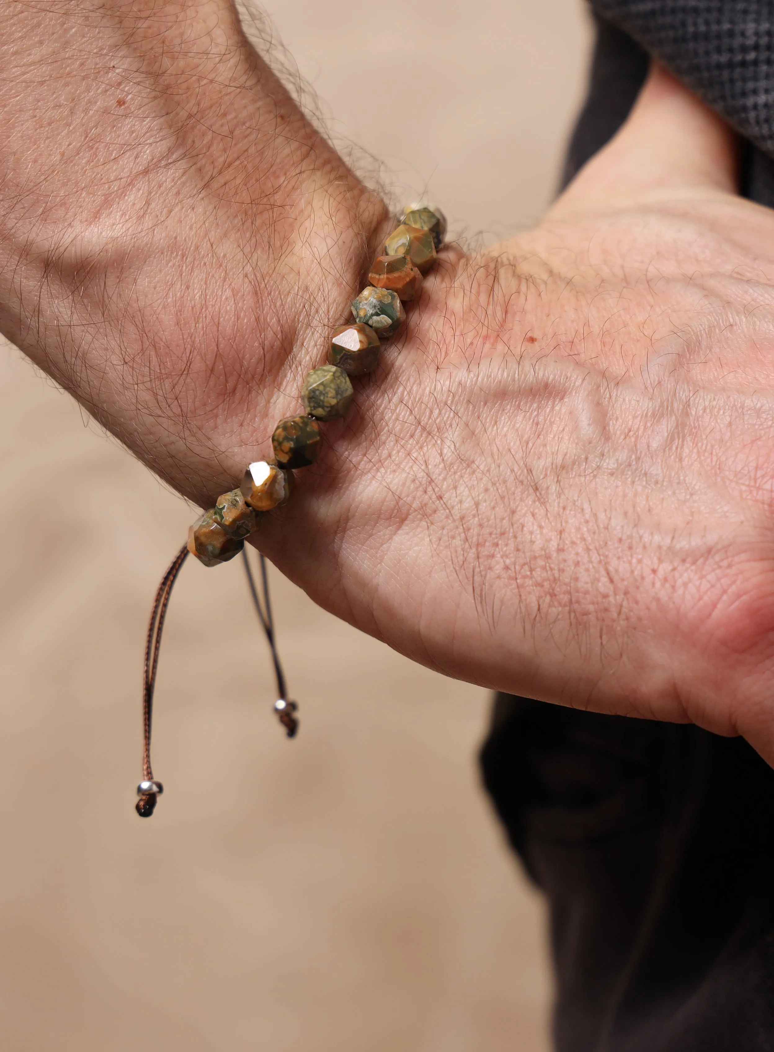 Rhyolite and Sterling Silver Geometric Bead Bracelet for Men
