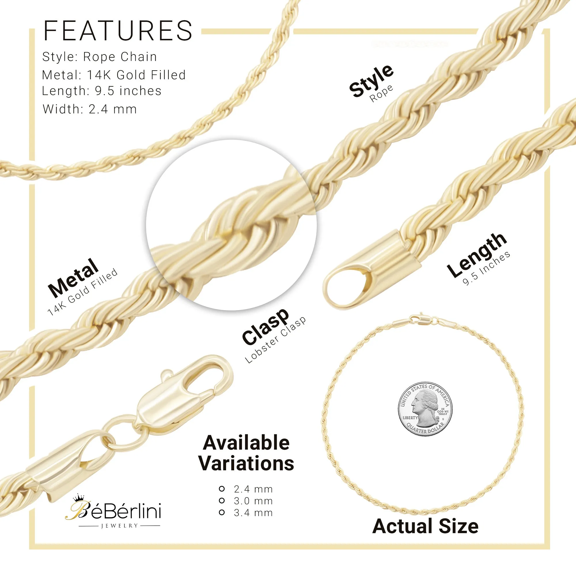 Rope Anklet Gold Filled 14K Foot Bracelet Jewelry Gift for Women Girls 9.5'' Long