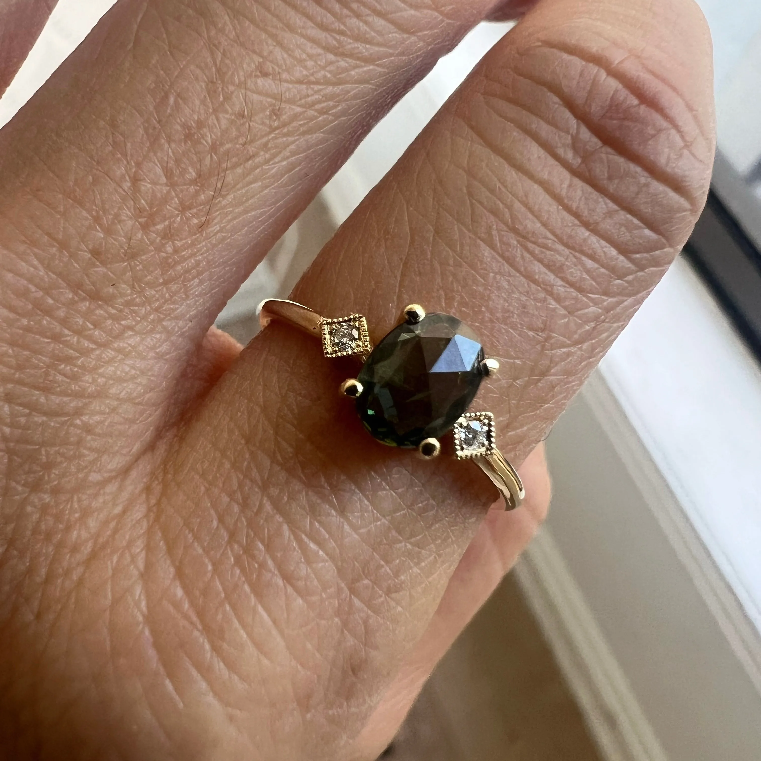 Rose Cut Oval Green Sapphire Square Deco Ring (ready to ship option)*