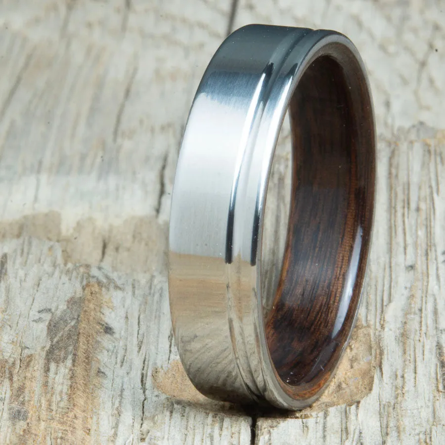 Rosewood wooden ring with single groove polished titanium