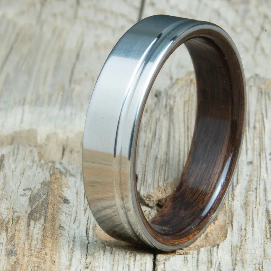 Rosewood wooden ring with single groove polished titanium