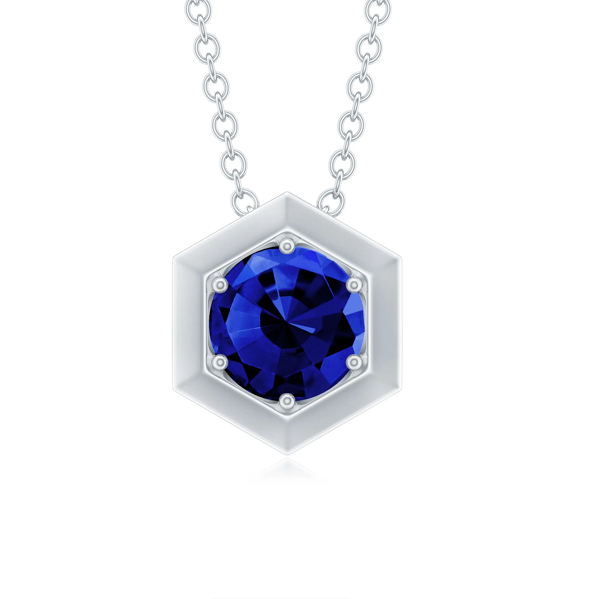 Round Created Blue Sapphire Hexagon Shape Pendant Necklace