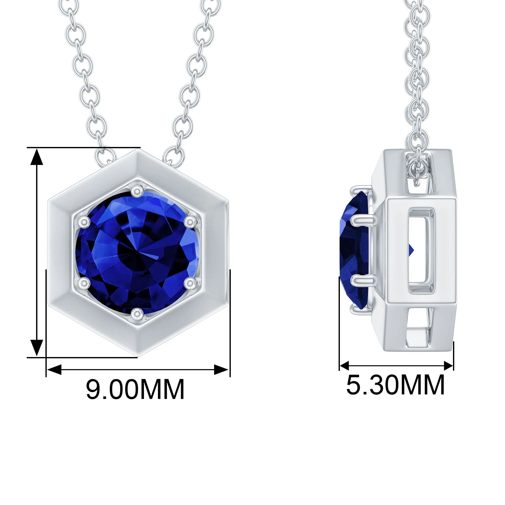 Round Created Blue Sapphire Hexagon Shape Pendant Necklace