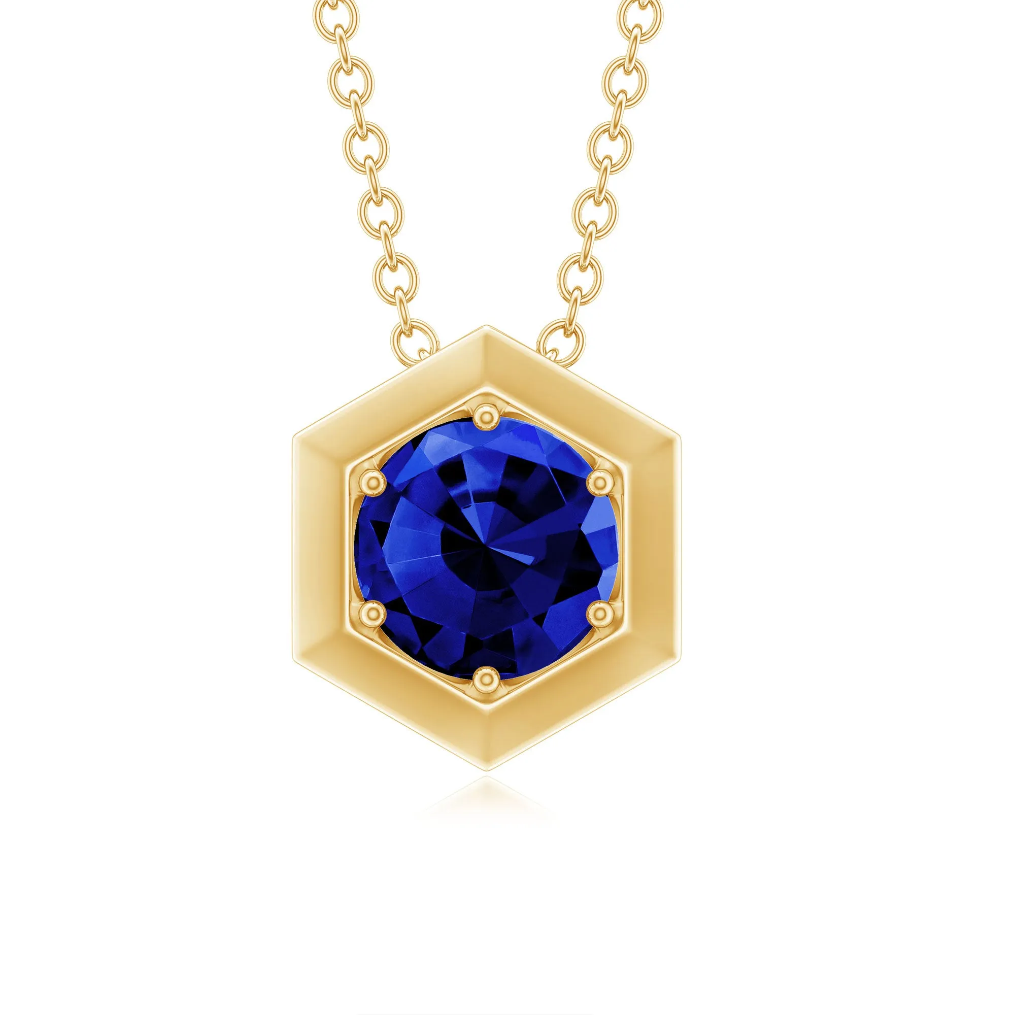 Round Created Blue Sapphire Hexagon Shape Pendant Necklace