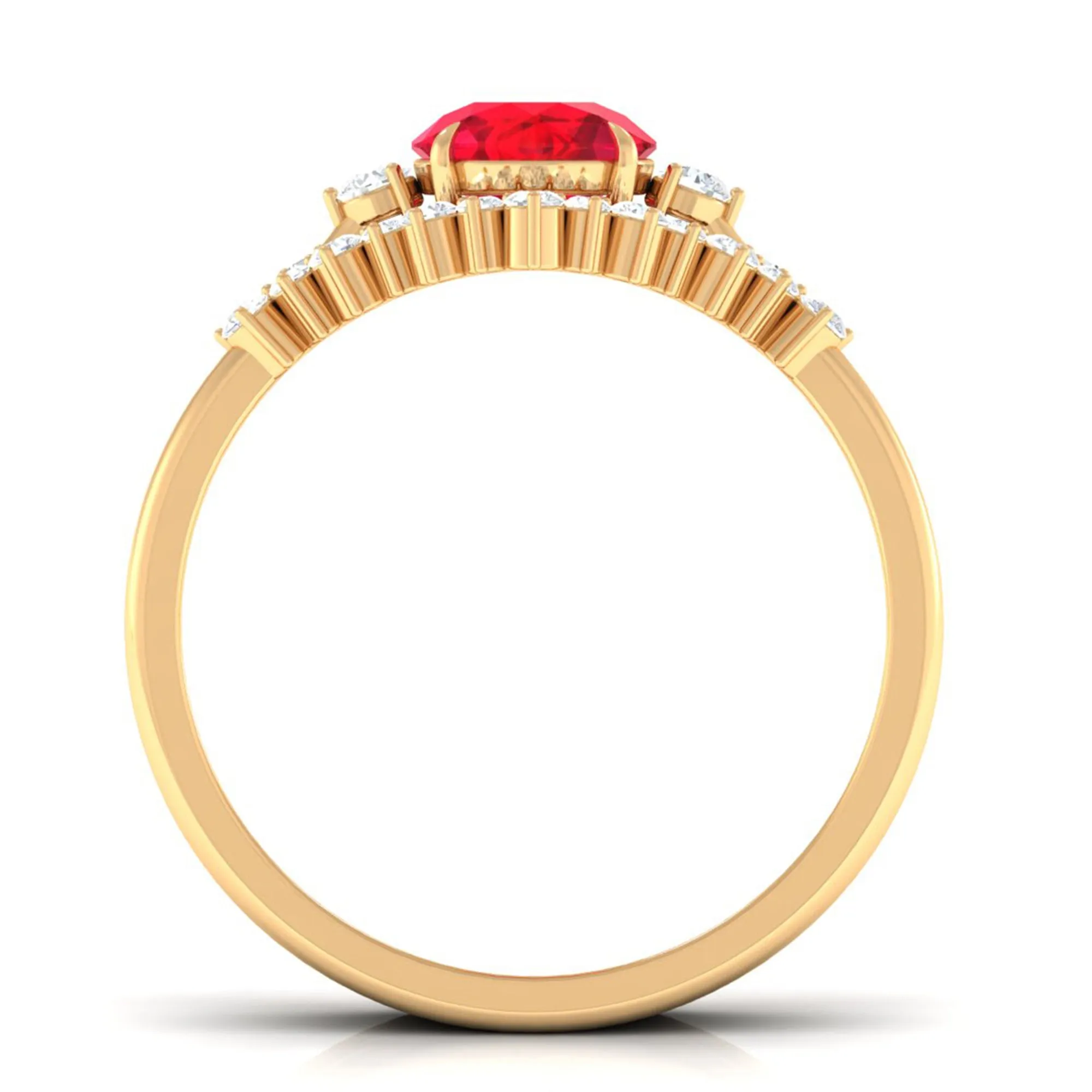 Round Created Ruby Designer Trio Wedding Ring Set with Diamond