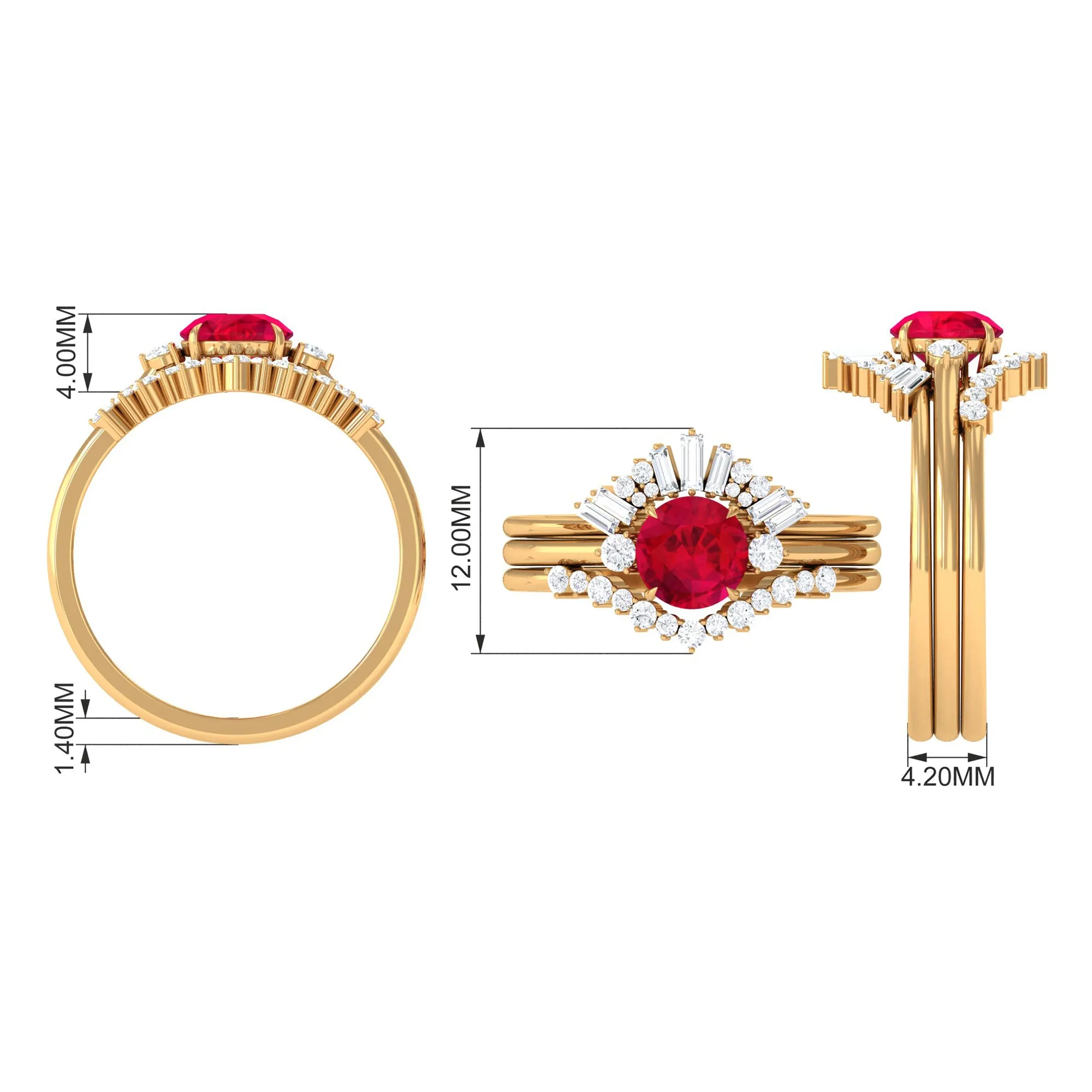 Round Created Ruby Designer Trio Wedding Ring Set with Diamond