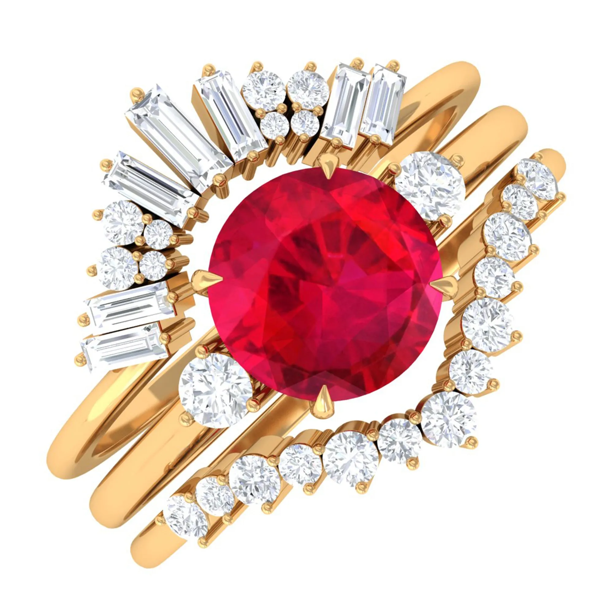 Round Created Ruby Designer Trio Wedding Ring Set with Diamond