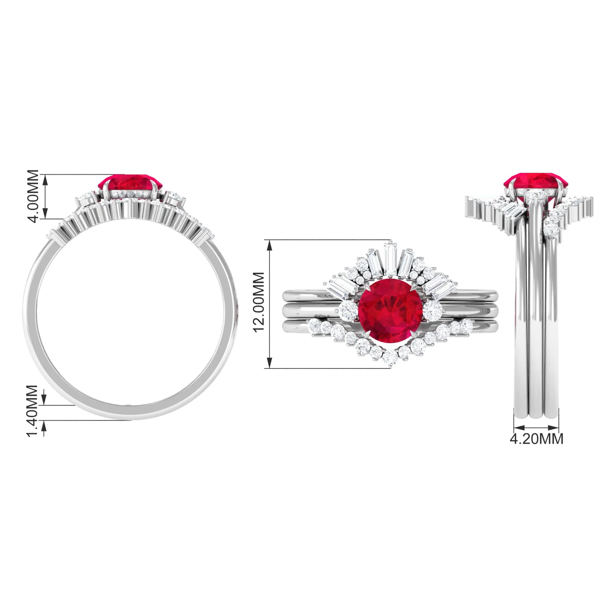 Round Created Ruby Designer Trio Wedding Ring Set with Diamond