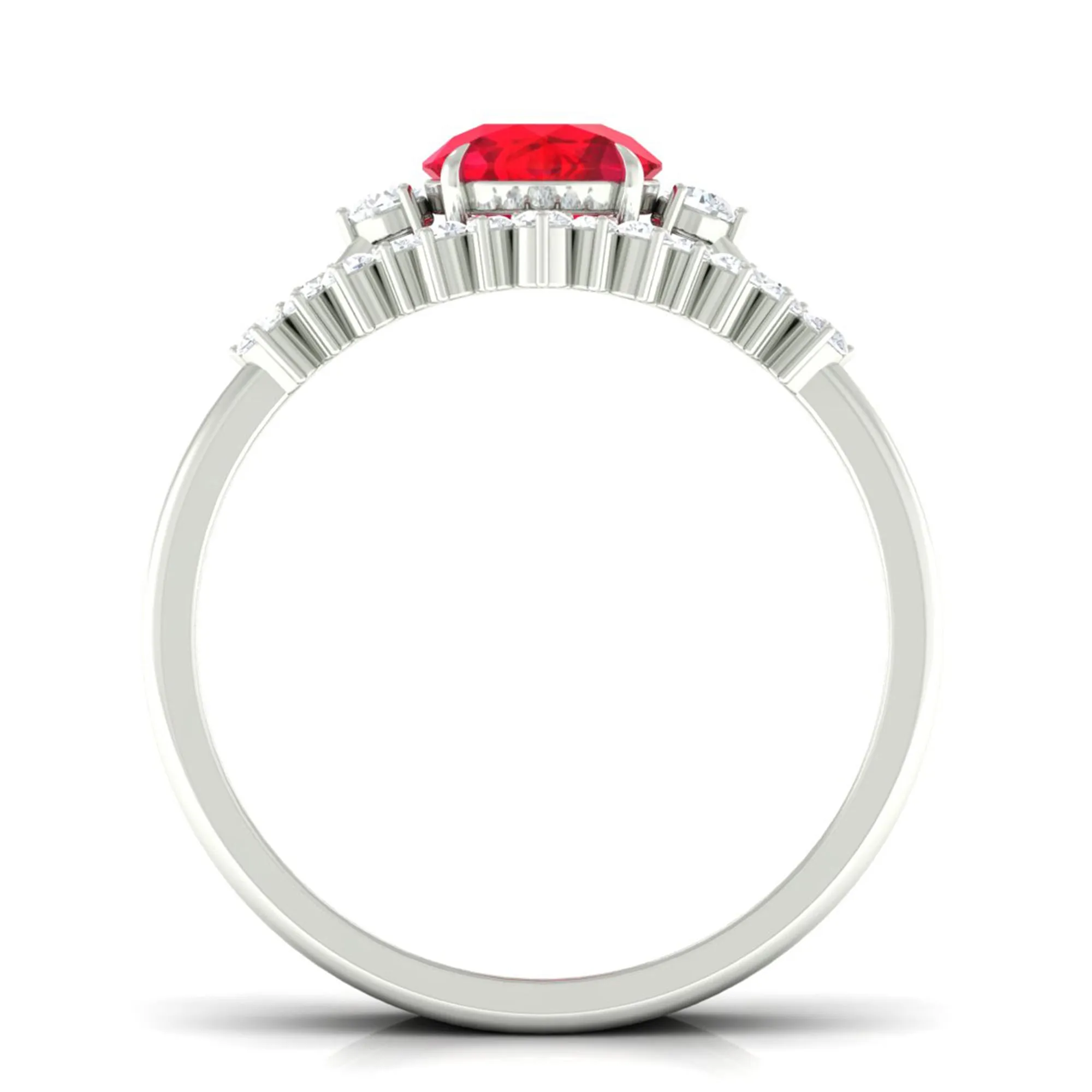 Round Created Ruby Designer Trio Wedding Ring Set with Diamond