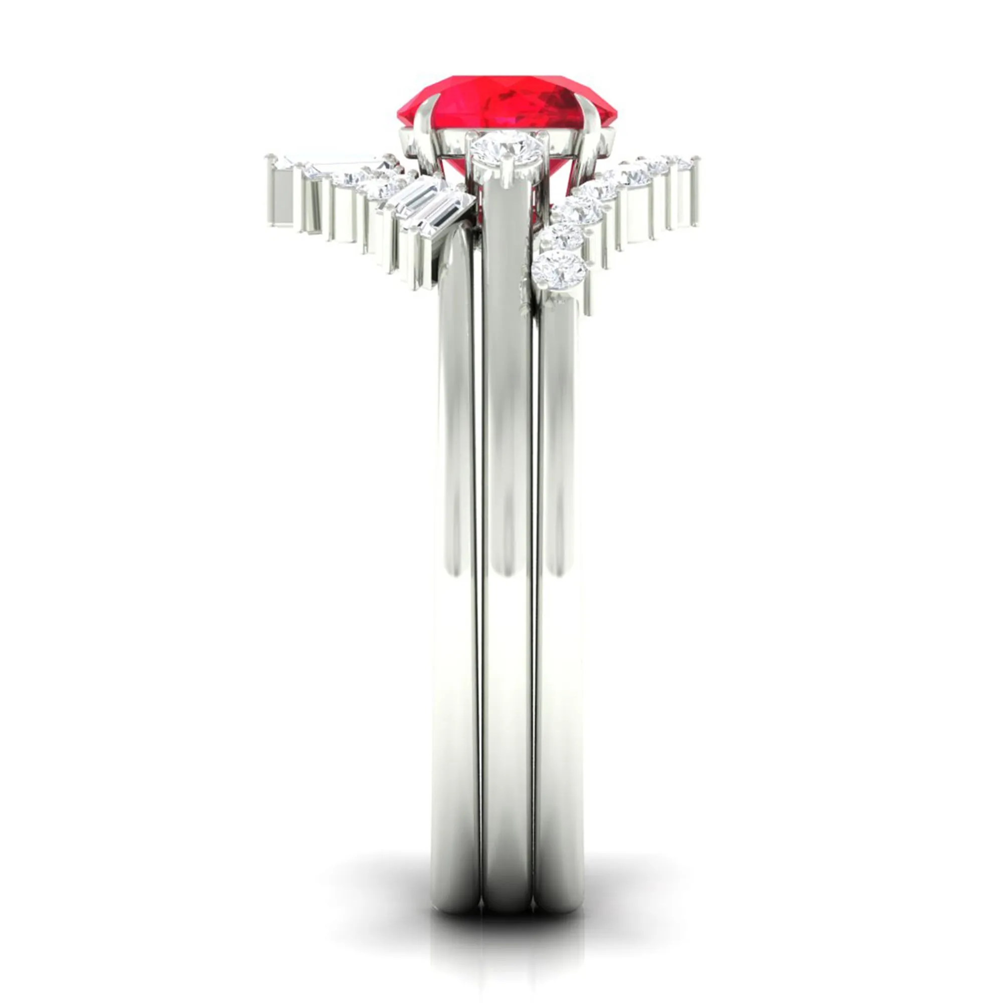 Round Created Ruby Designer Trio Wedding Ring Set with Diamond