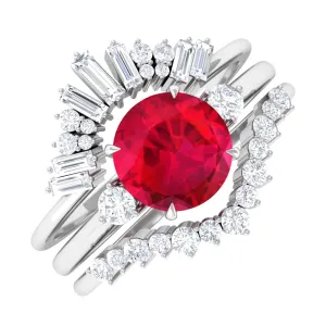 Round Created Ruby Designer Trio Wedding Ring Set with Diamond