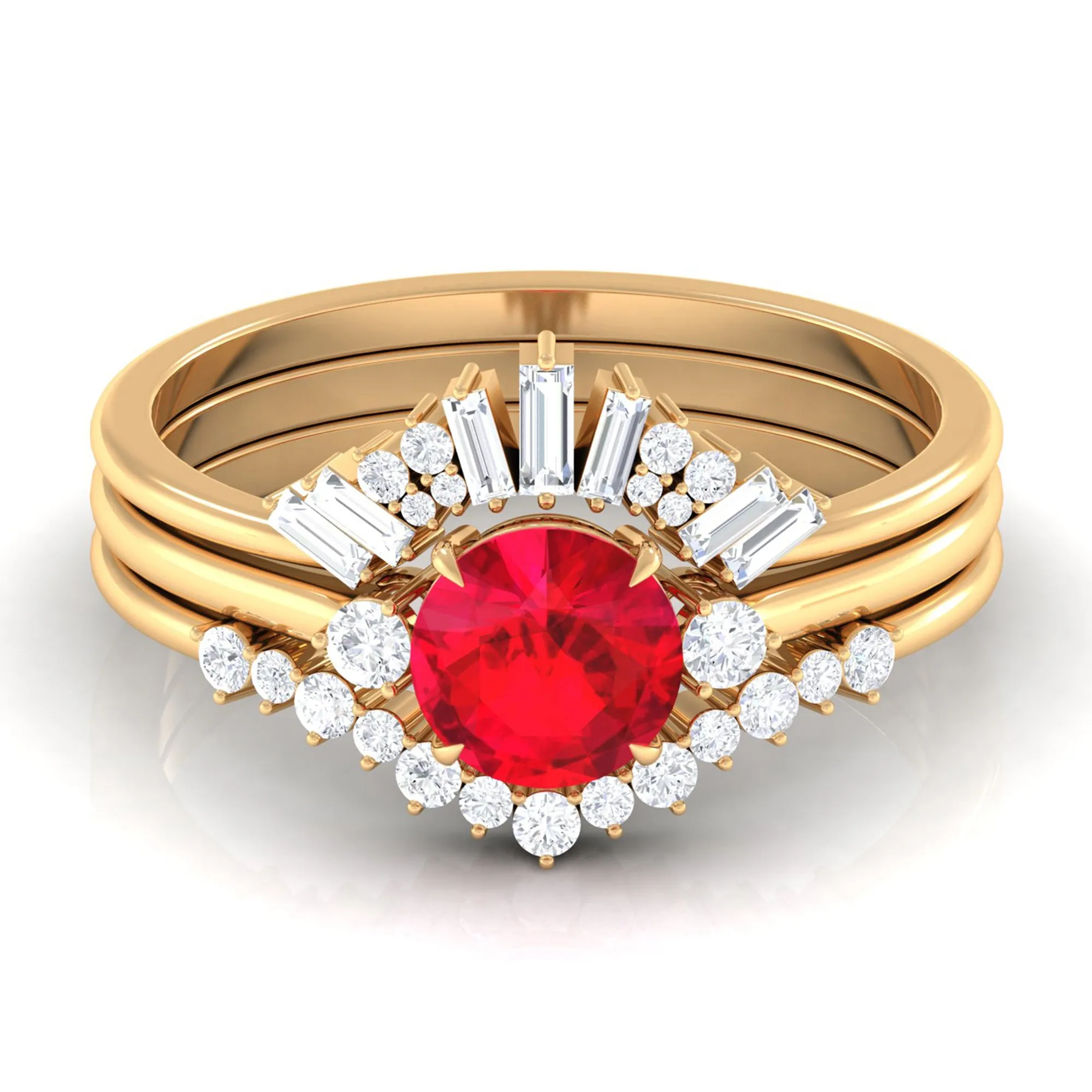 Round Created Ruby Designer Trio Wedding Ring Set with Diamond