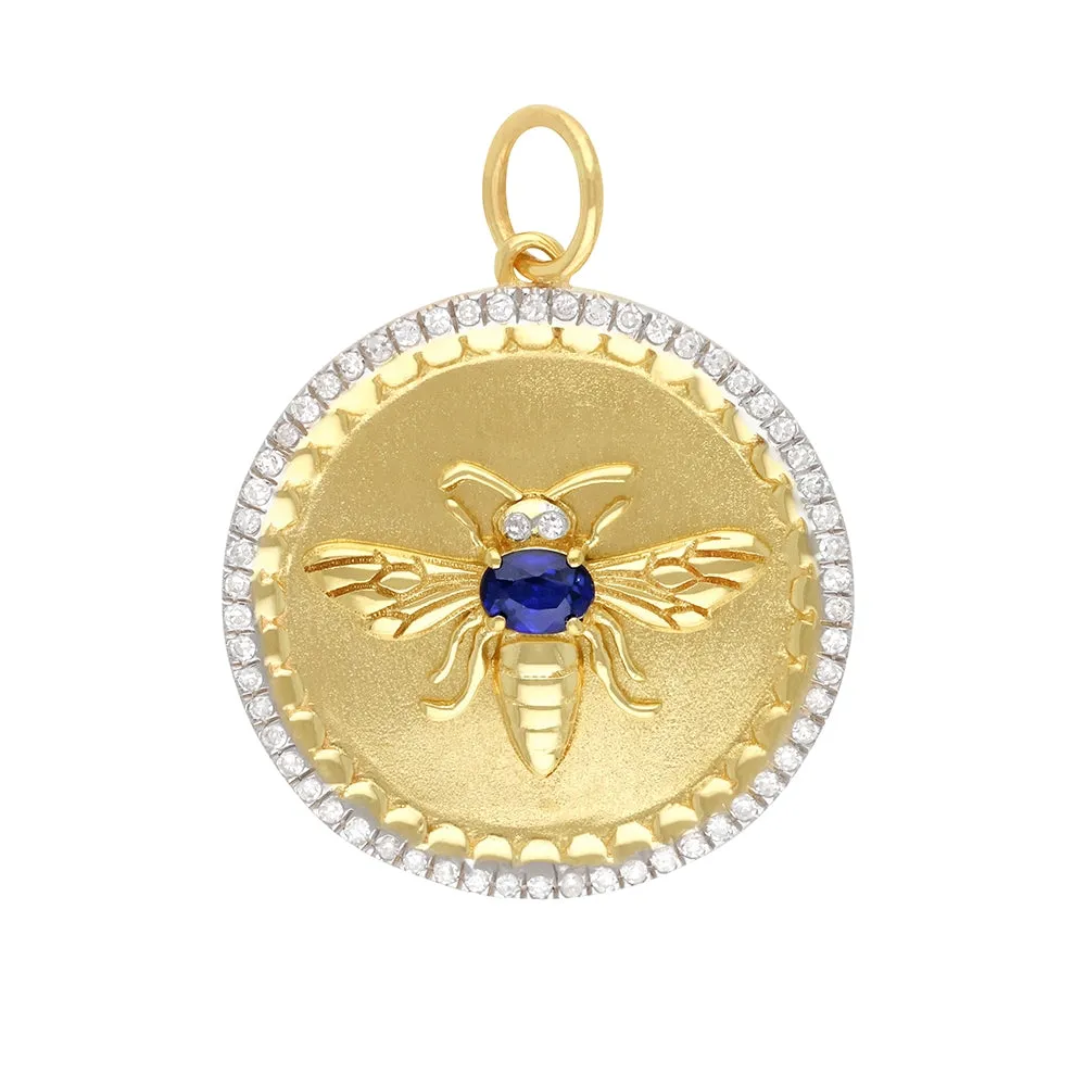 Round Diamond & Blue Sapphire Bumble Bee Pendant 22mm