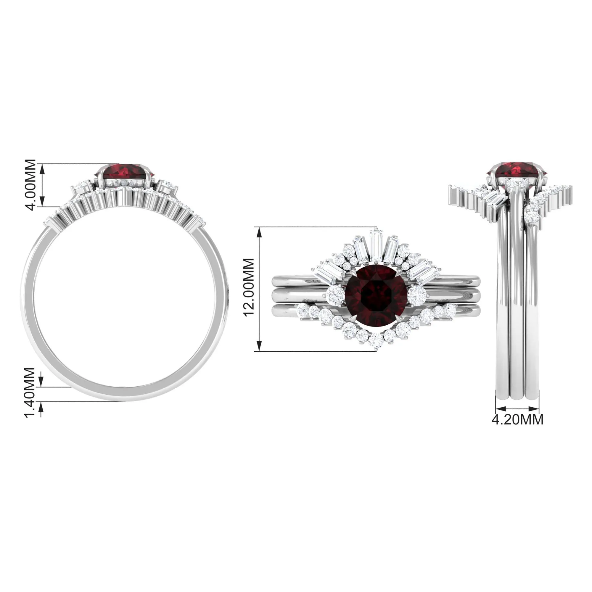 Round Garnet Designer Trio Wedding Ring Set with Diamond