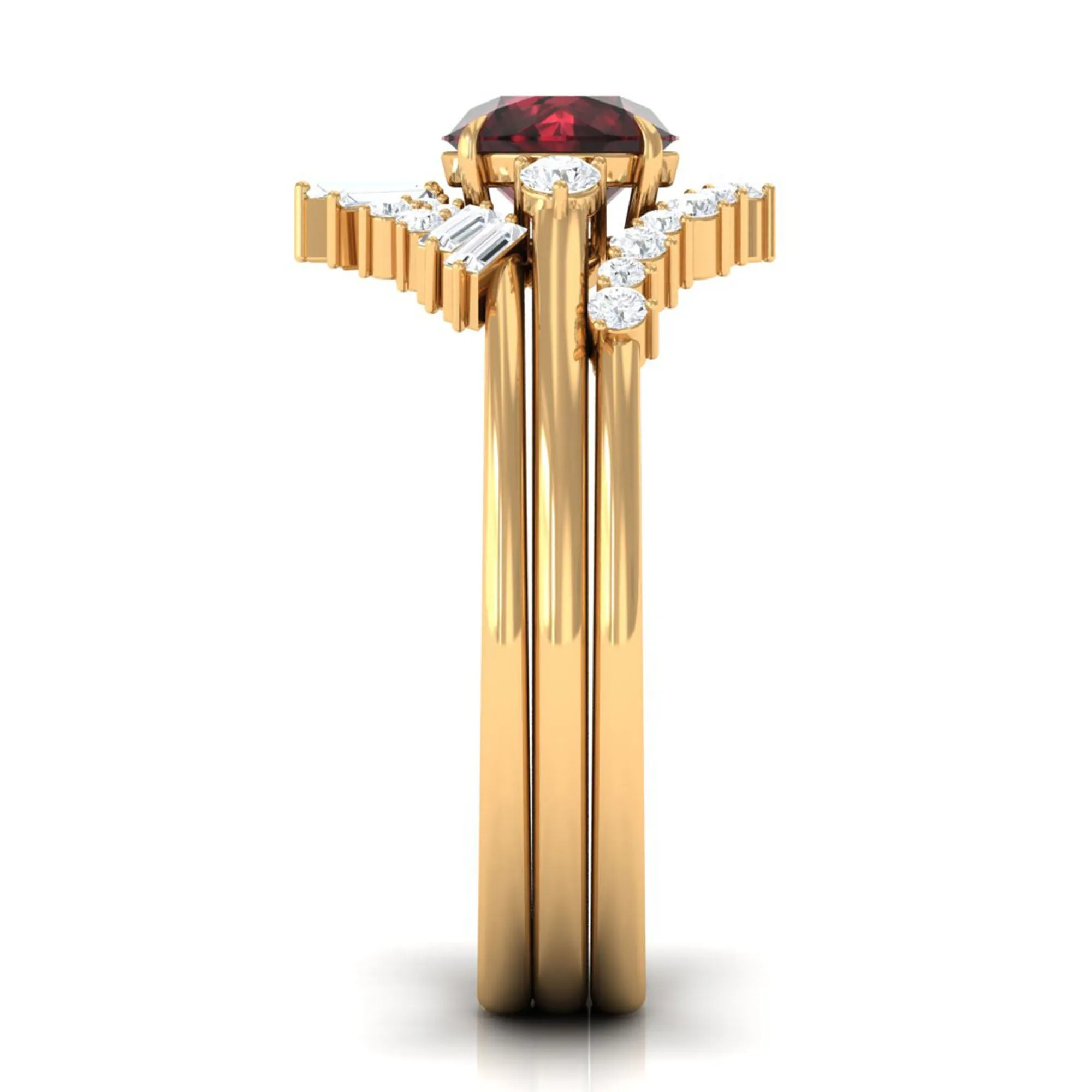 Round Garnet Designer Trio Wedding Ring Set with Diamond