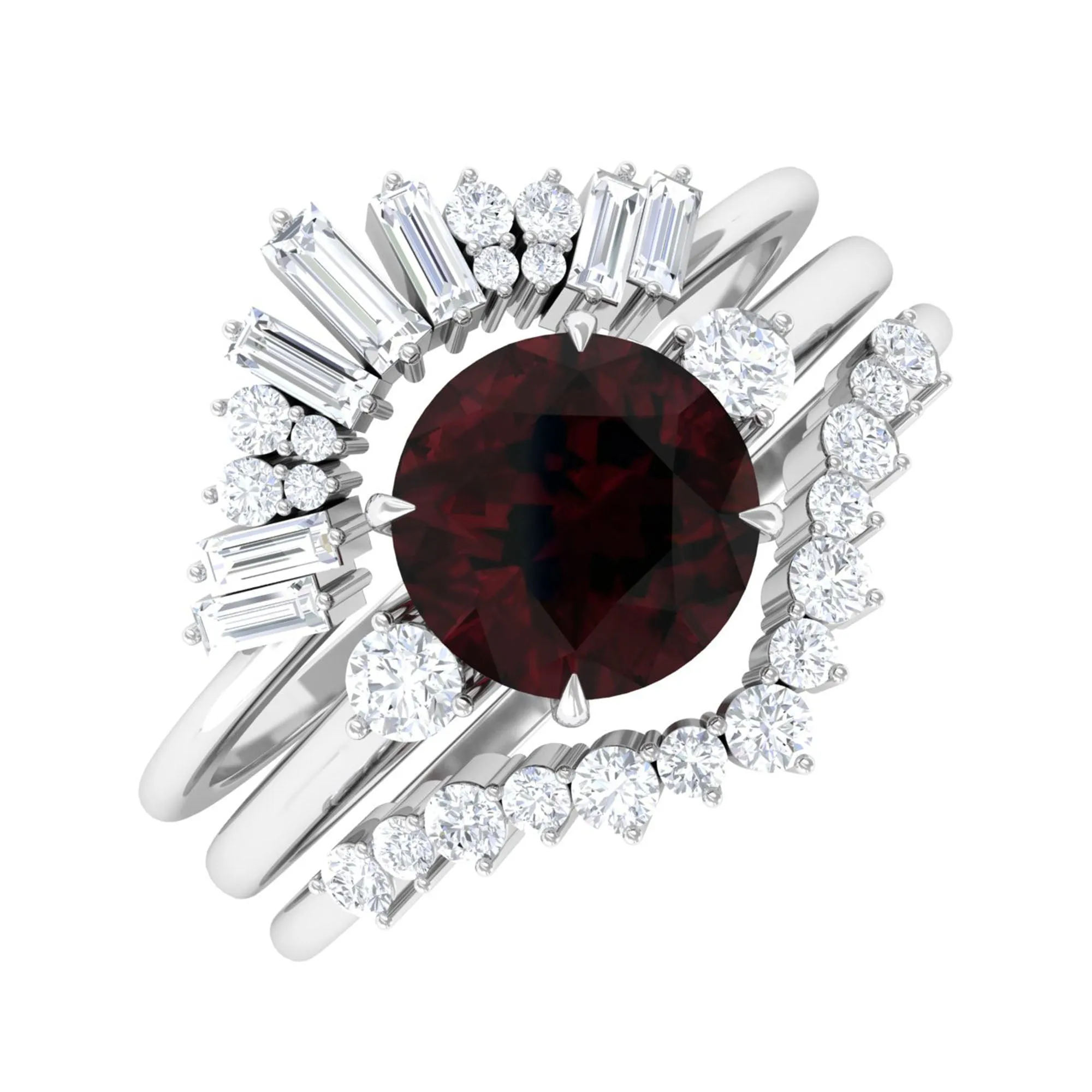 Round Garnet Designer Trio Wedding Ring Set with Diamond