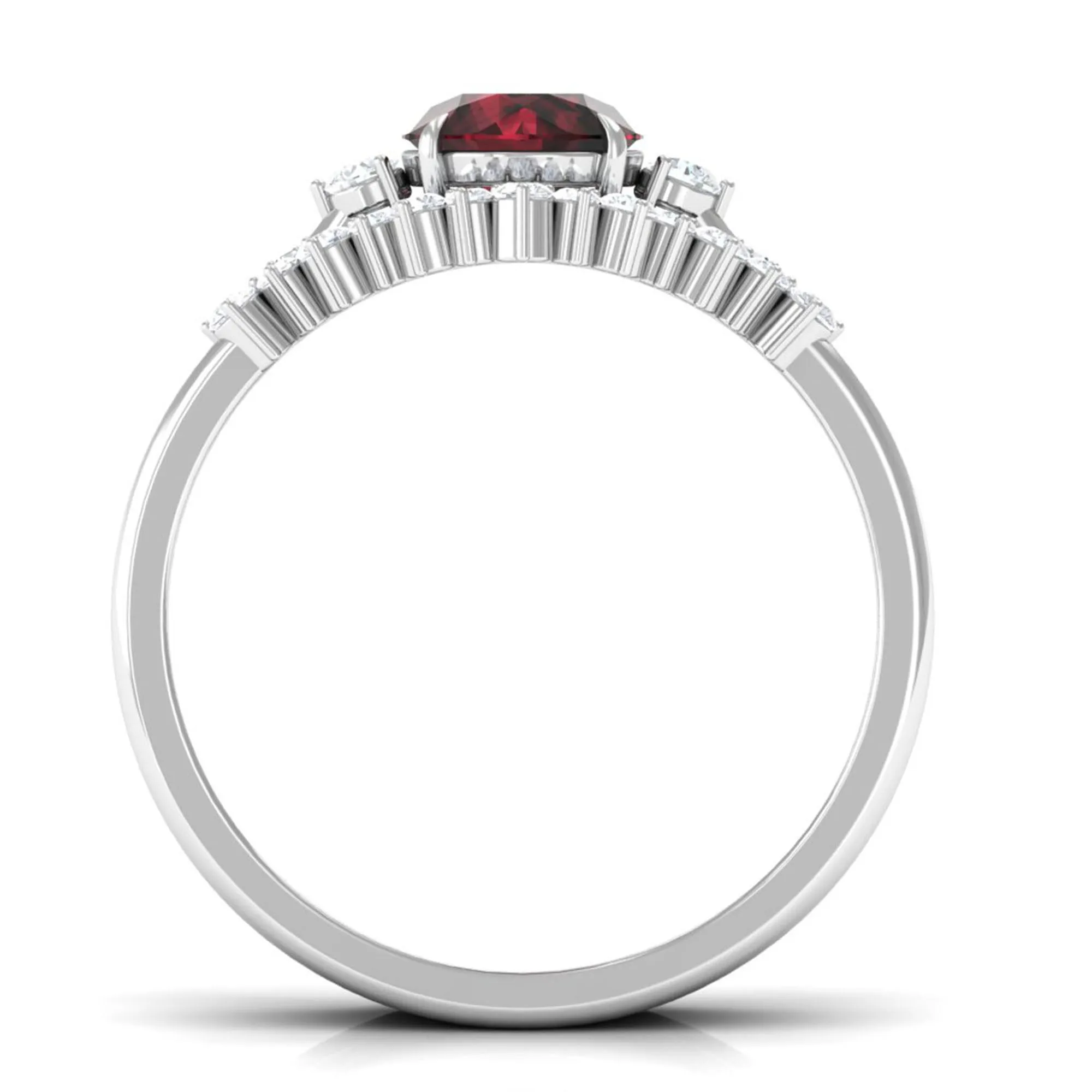 Round Garnet Designer Trio Wedding Ring Set with Diamond