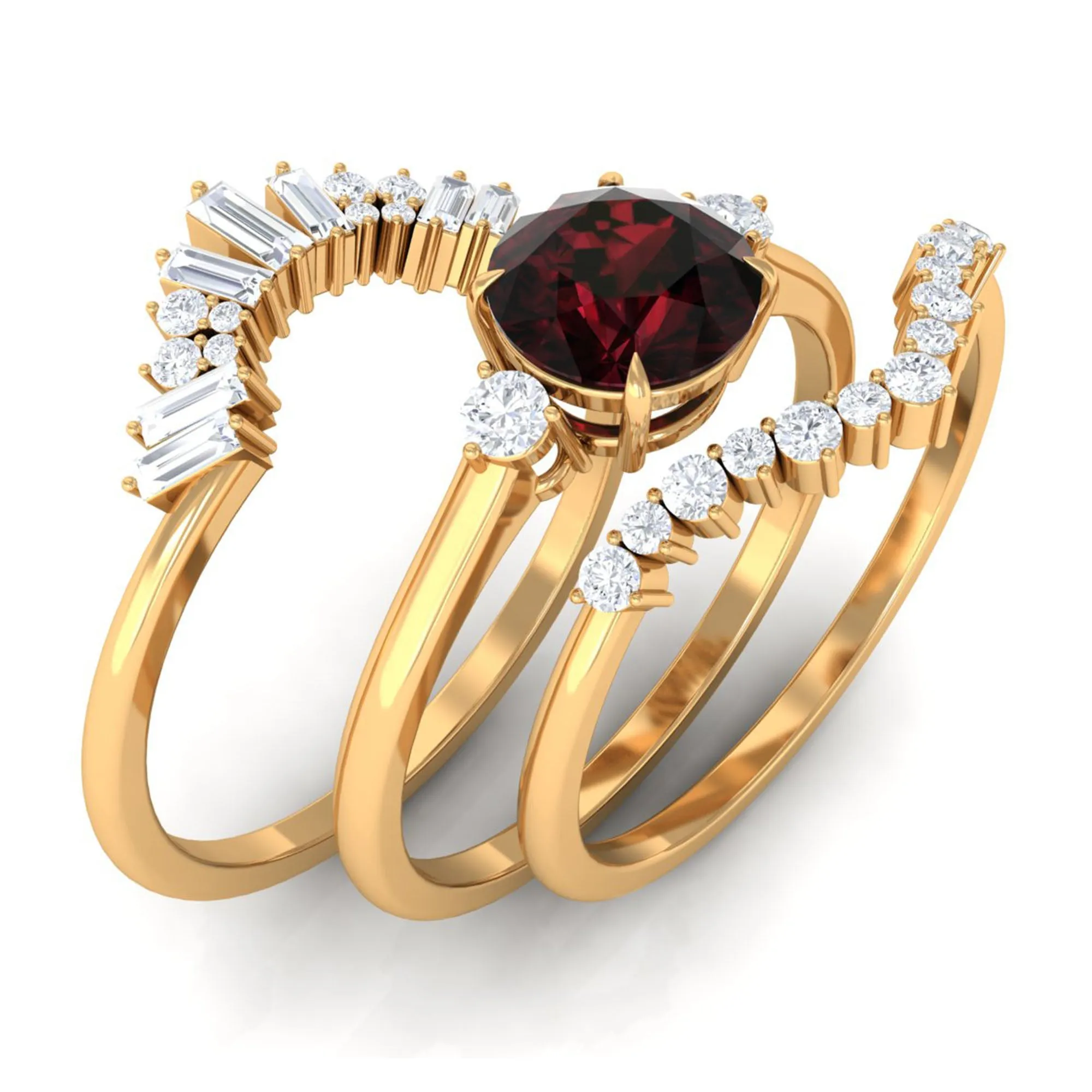 Round Garnet Designer Trio Wedding Ring Set with Diamond