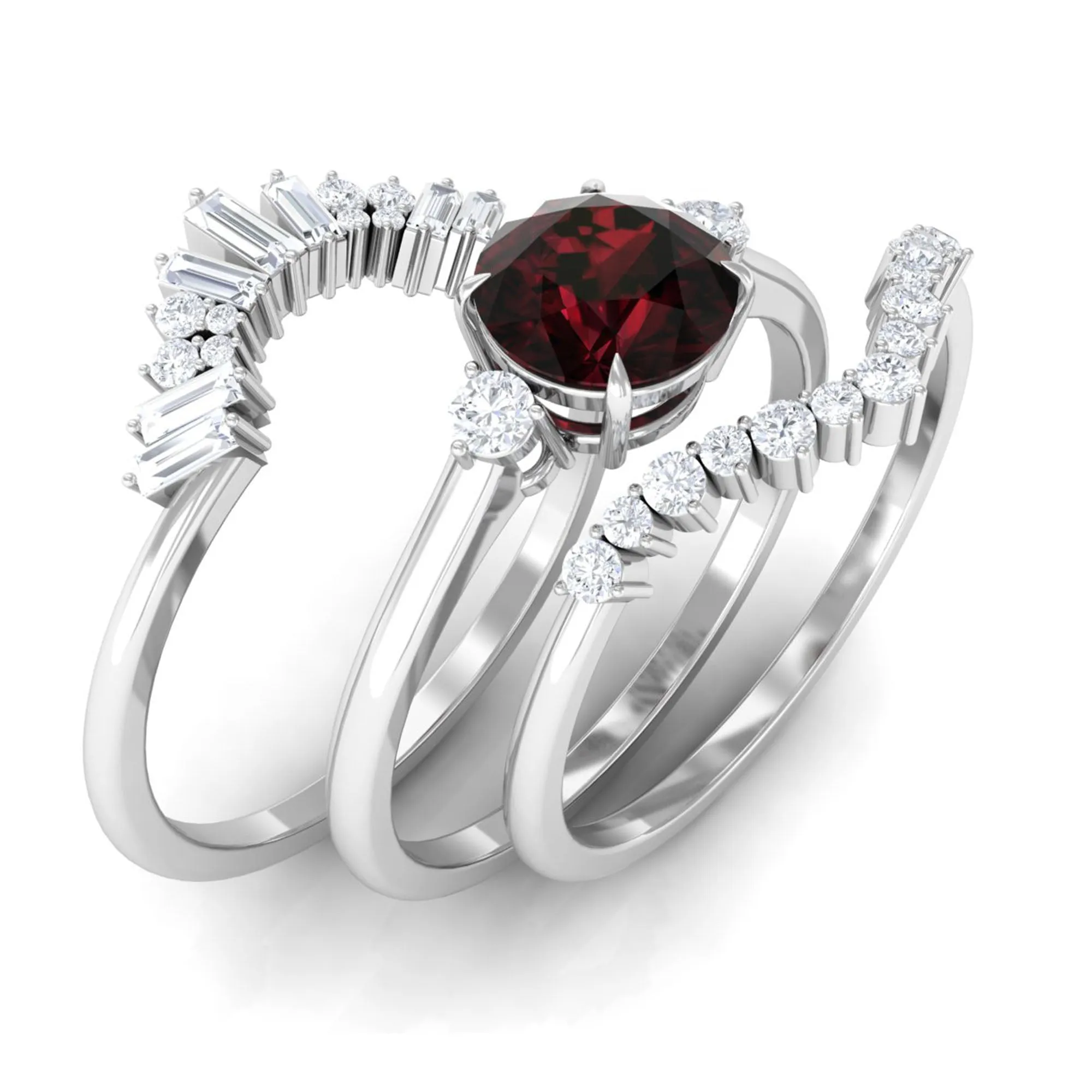 Round Garnet Designer Trio Wedding Ring Set with Diamond