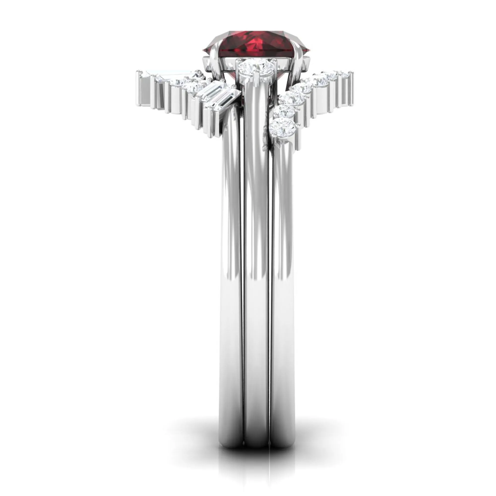 Round Garnet Designer Trio Wedding Ring Set with Diamond