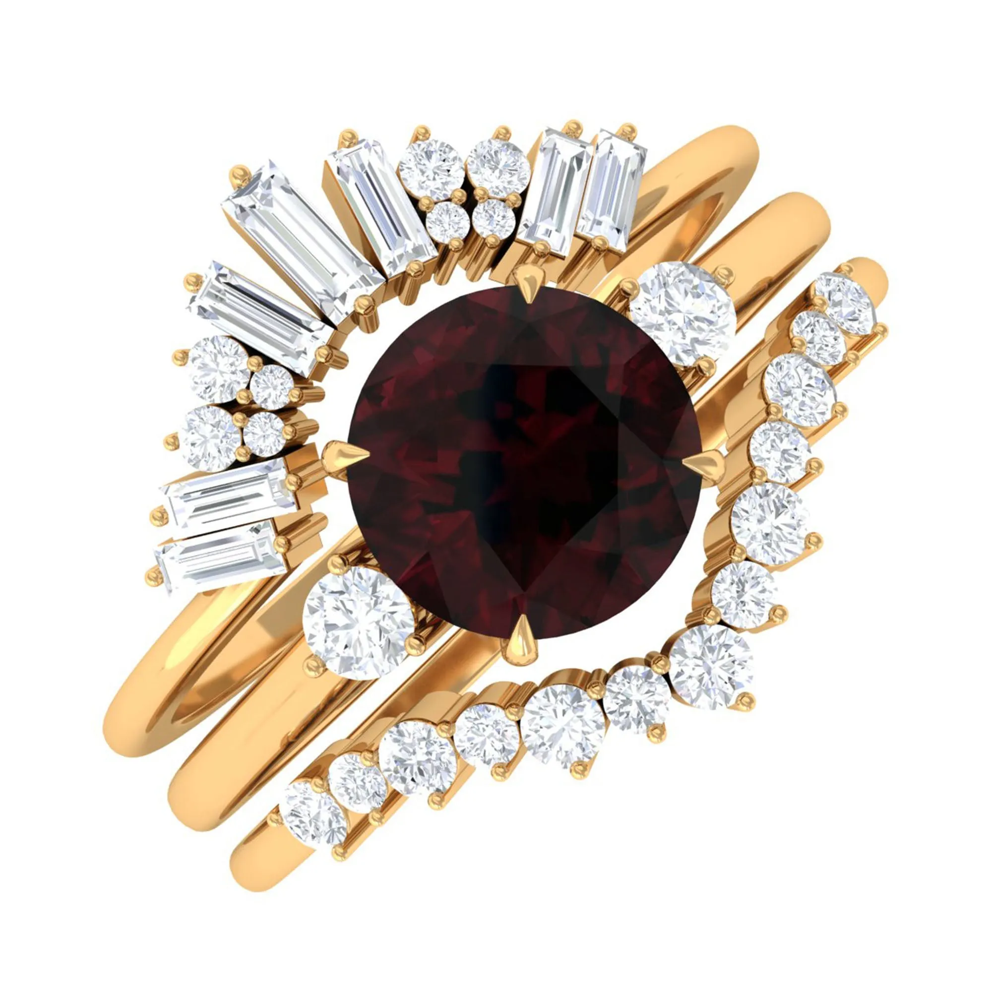 Round Garnet Designer Trio Wedding Ring Set with Diamond