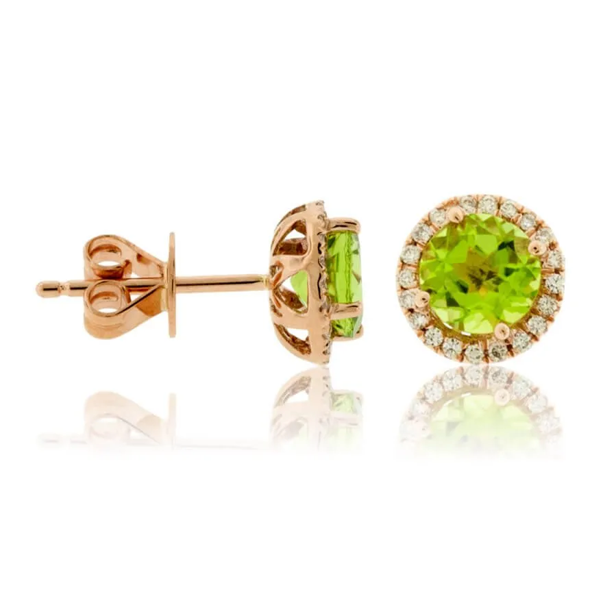 Round Peridot and Diamond Stud Halo Earrings