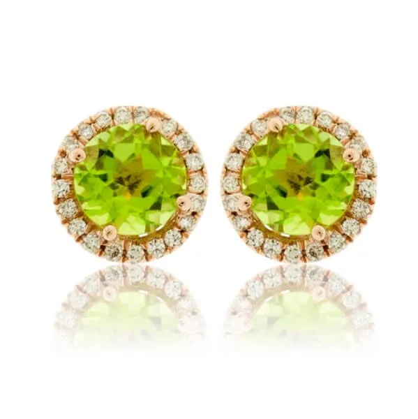 Round Peridot and Diamond Stud Halo Earrings