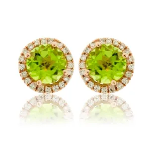 Round Peridot and Diamond Stud Halo Earrings