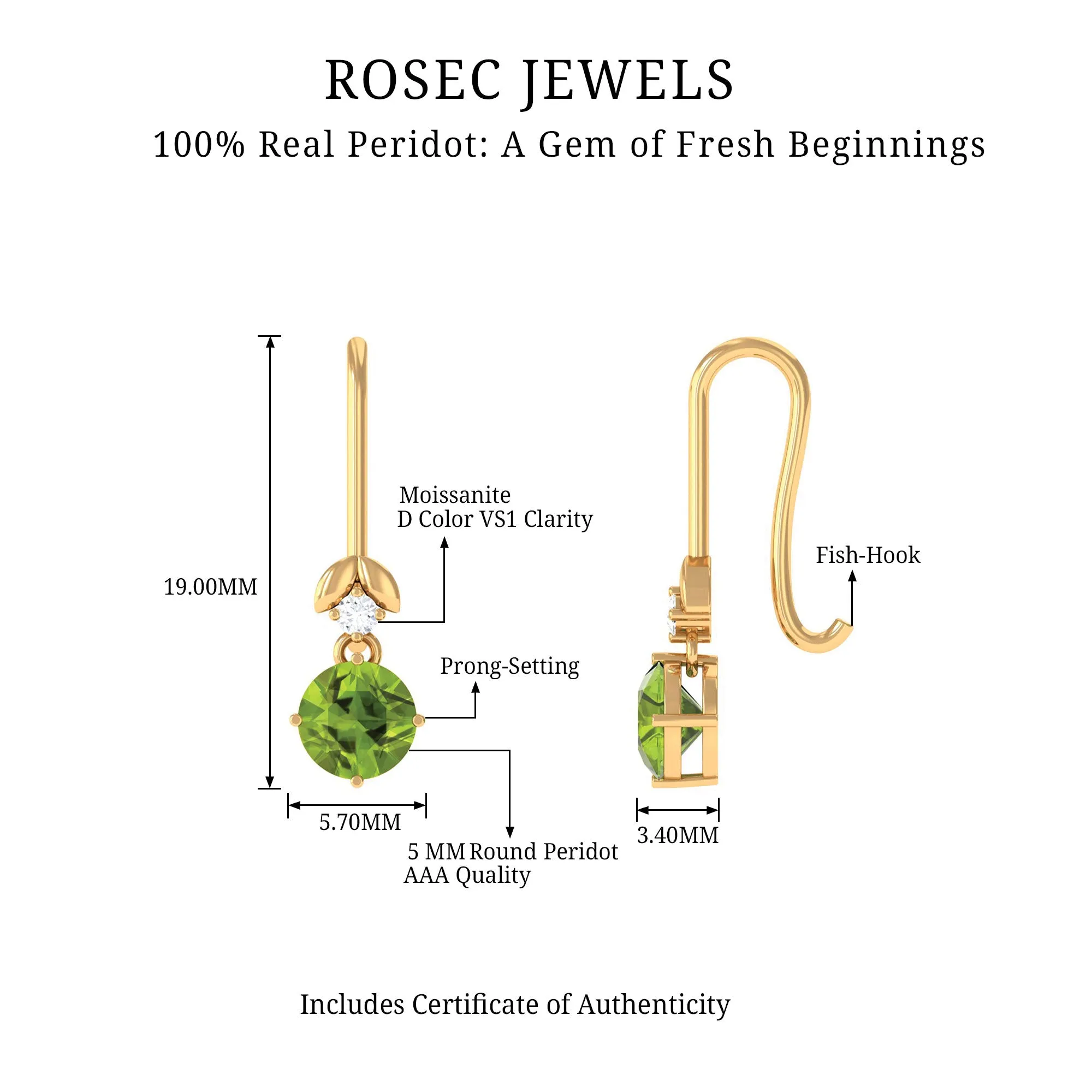 Round Peridot and Moissanite Drop Earrings with Fish Hook