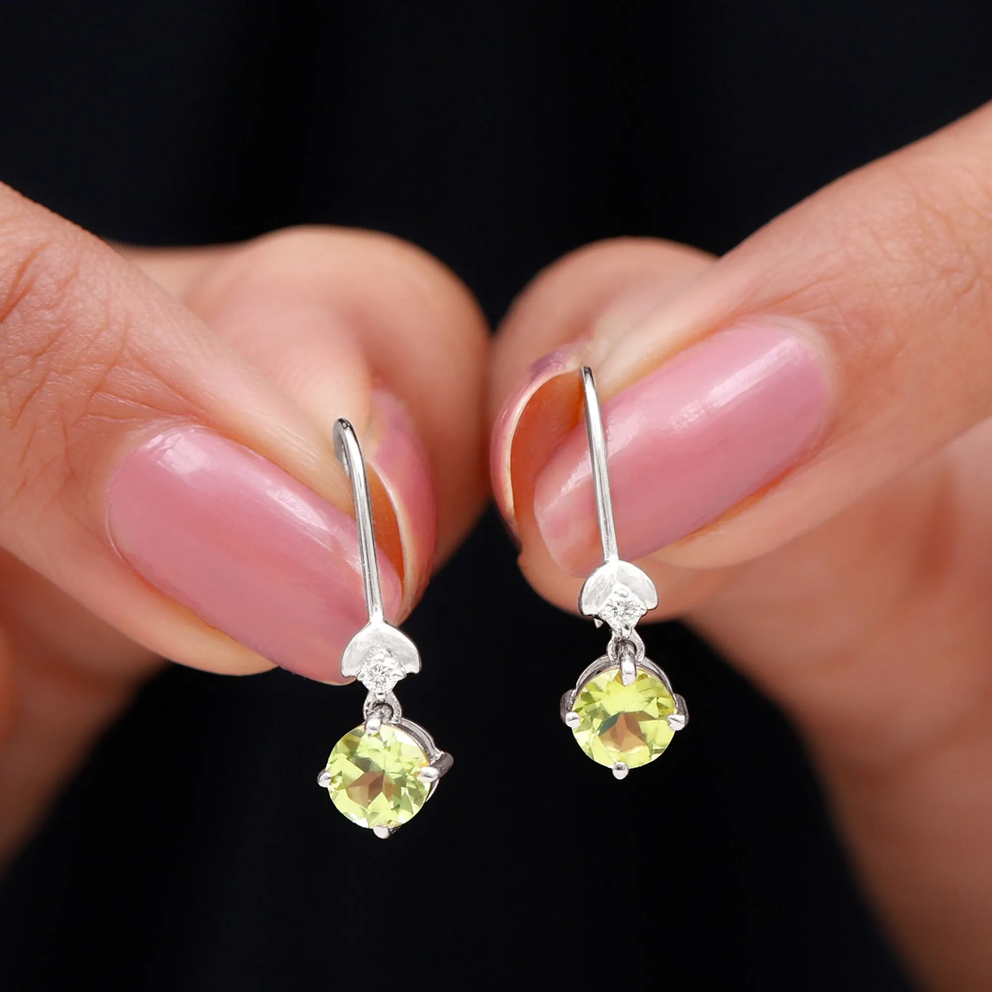 Round Peridot and Moissanite Drop Earrings with Fish Hook