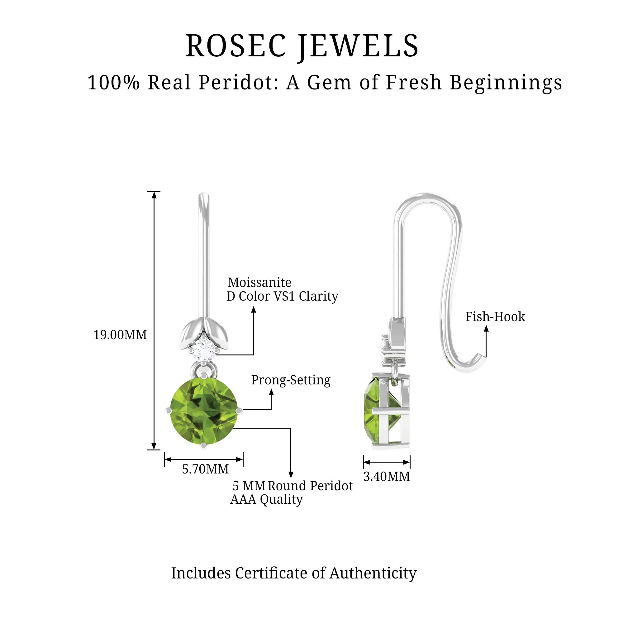 Round Peridot and Moissanite Drop Earrings with Fish Hook