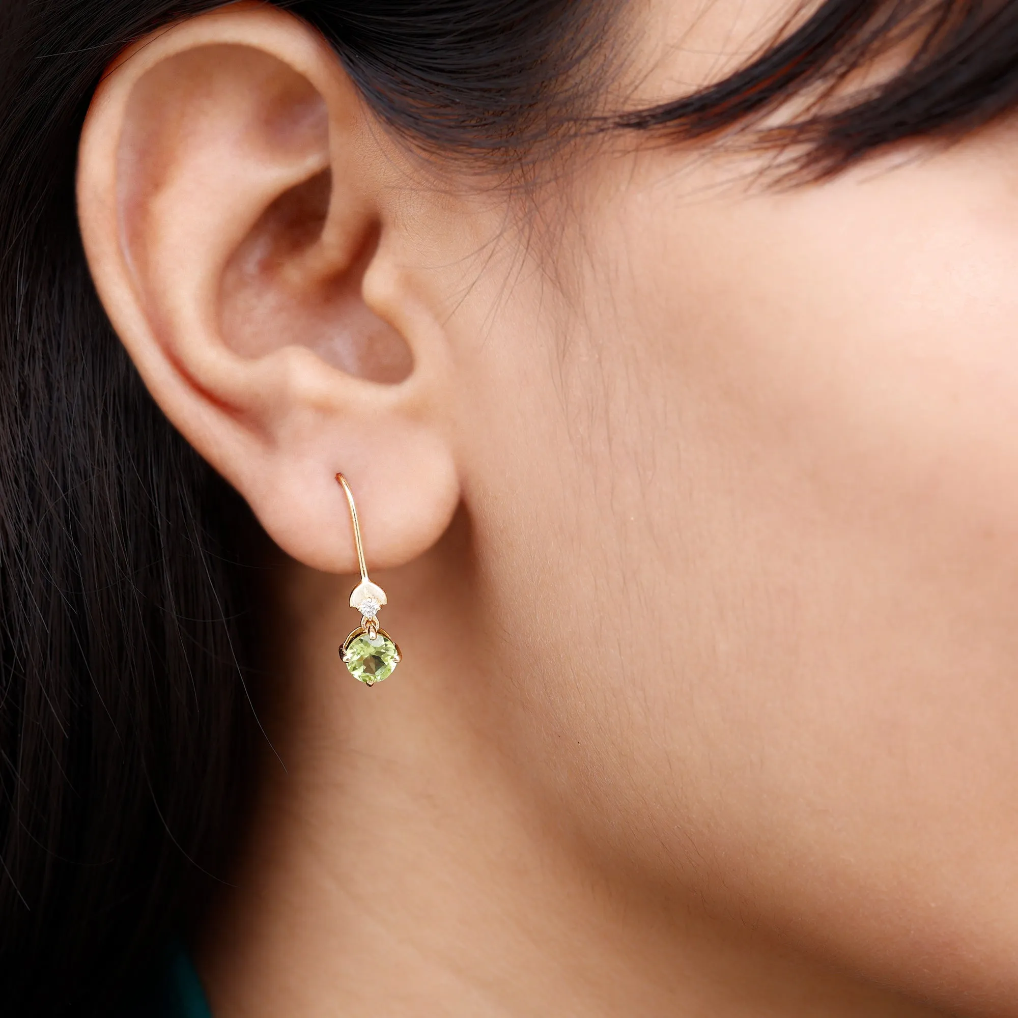 Round Peridot and Moissanite Drop Earrings with Fish Hook