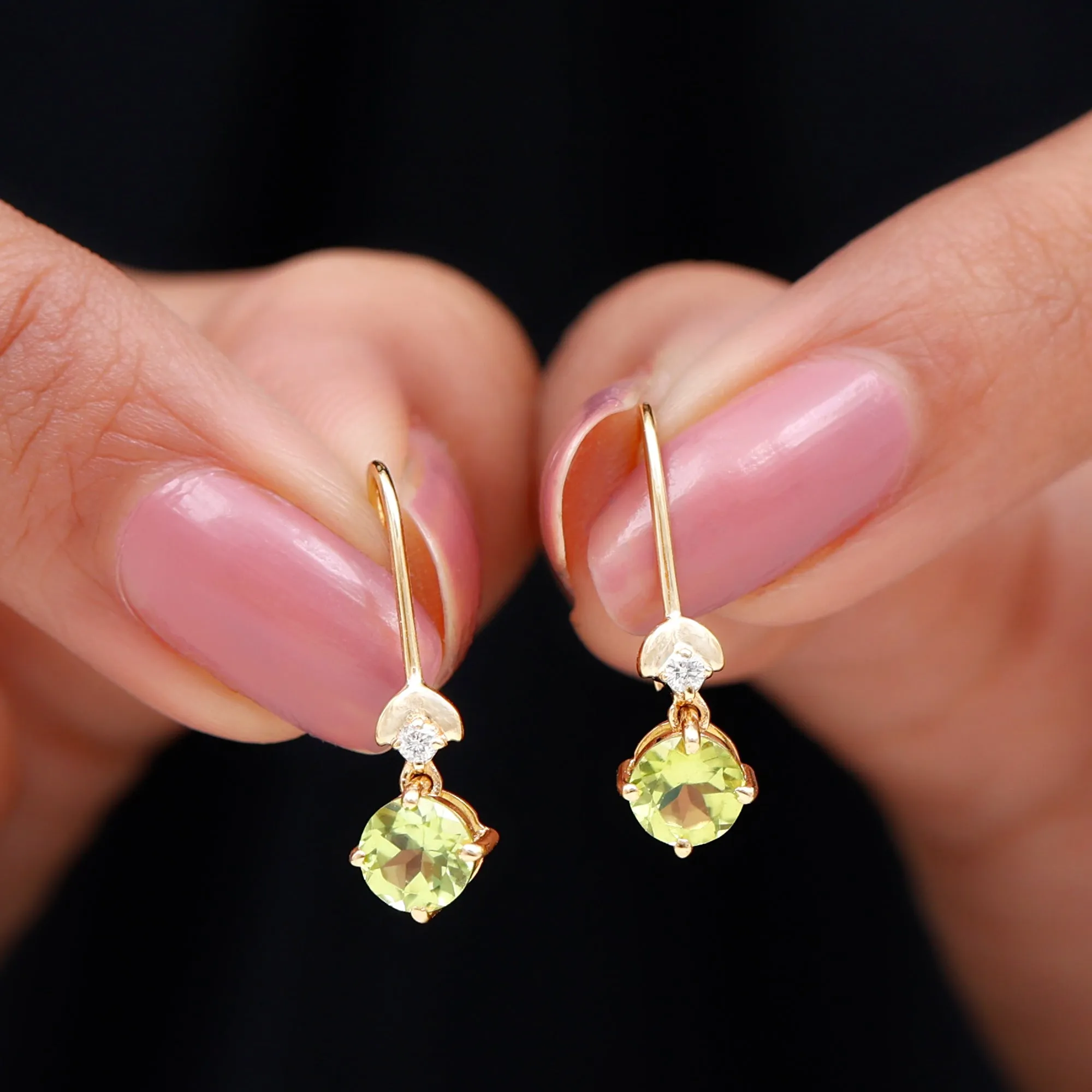 Round Peridot and Moissanite Drop Earrings with Fish Hook