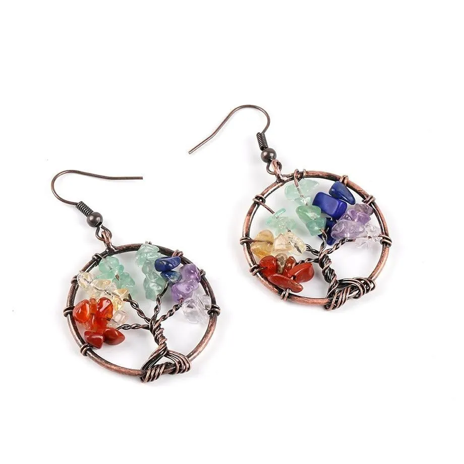Round Tree of Life Drop Dangle Earrings