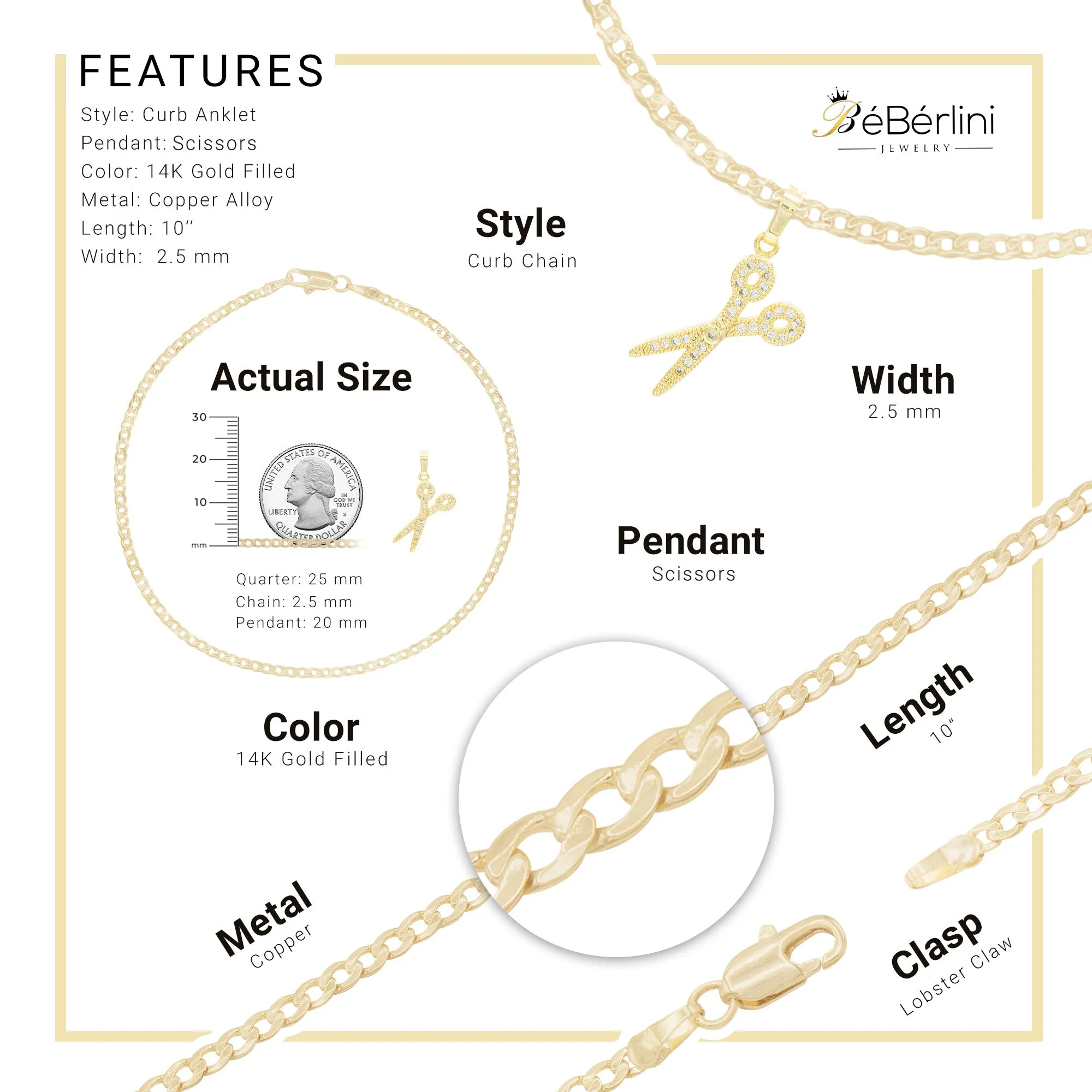 Scissors Pendant 14K Gold Filled Cubic Zirconia Anklet 10" Set 2.5 mm Women Jewelry