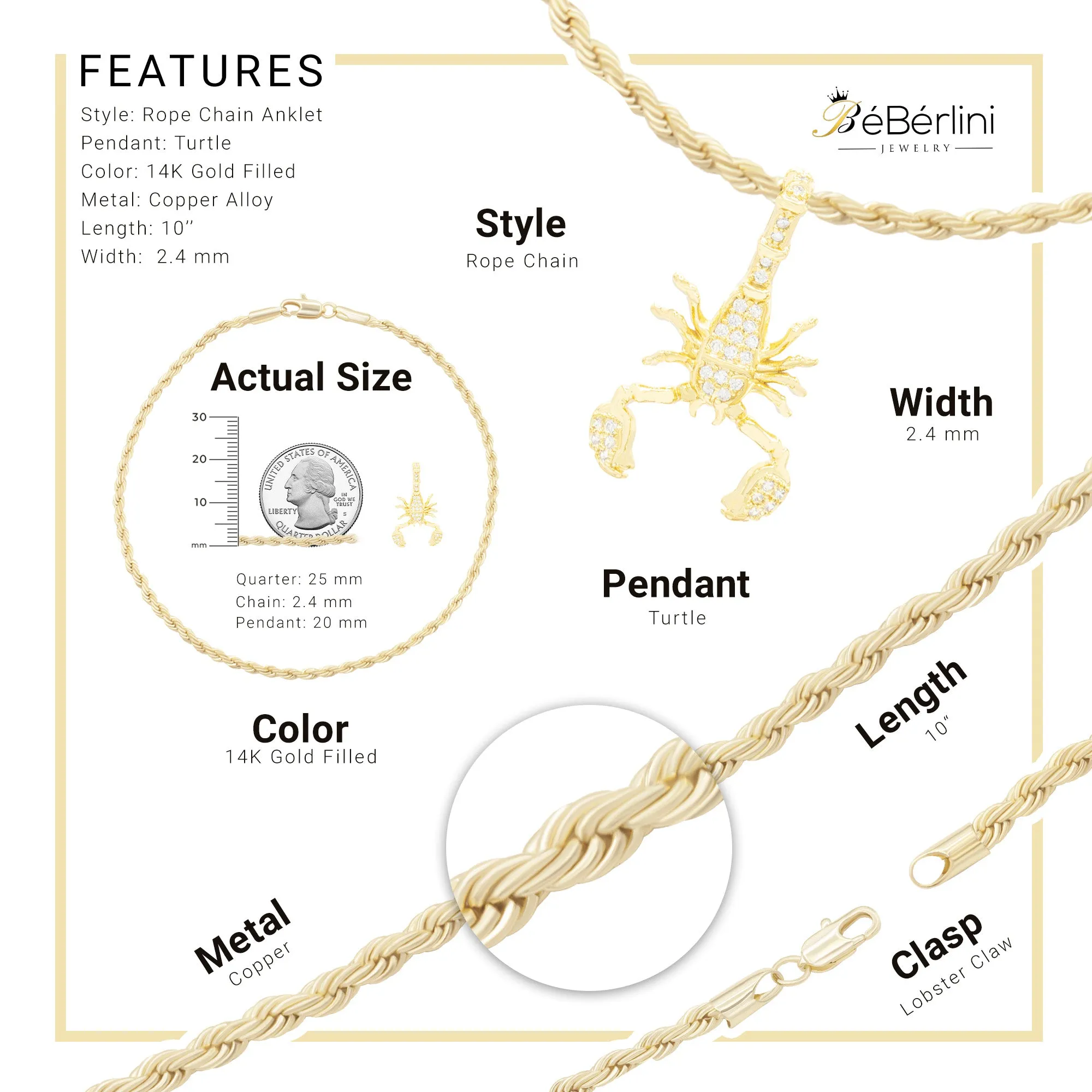 Scorpion CZ Pendant 14K Anklet Bracelet Gold Filled Cubic Zirconia Charm Rope Foot Set 10" WomenJewelry