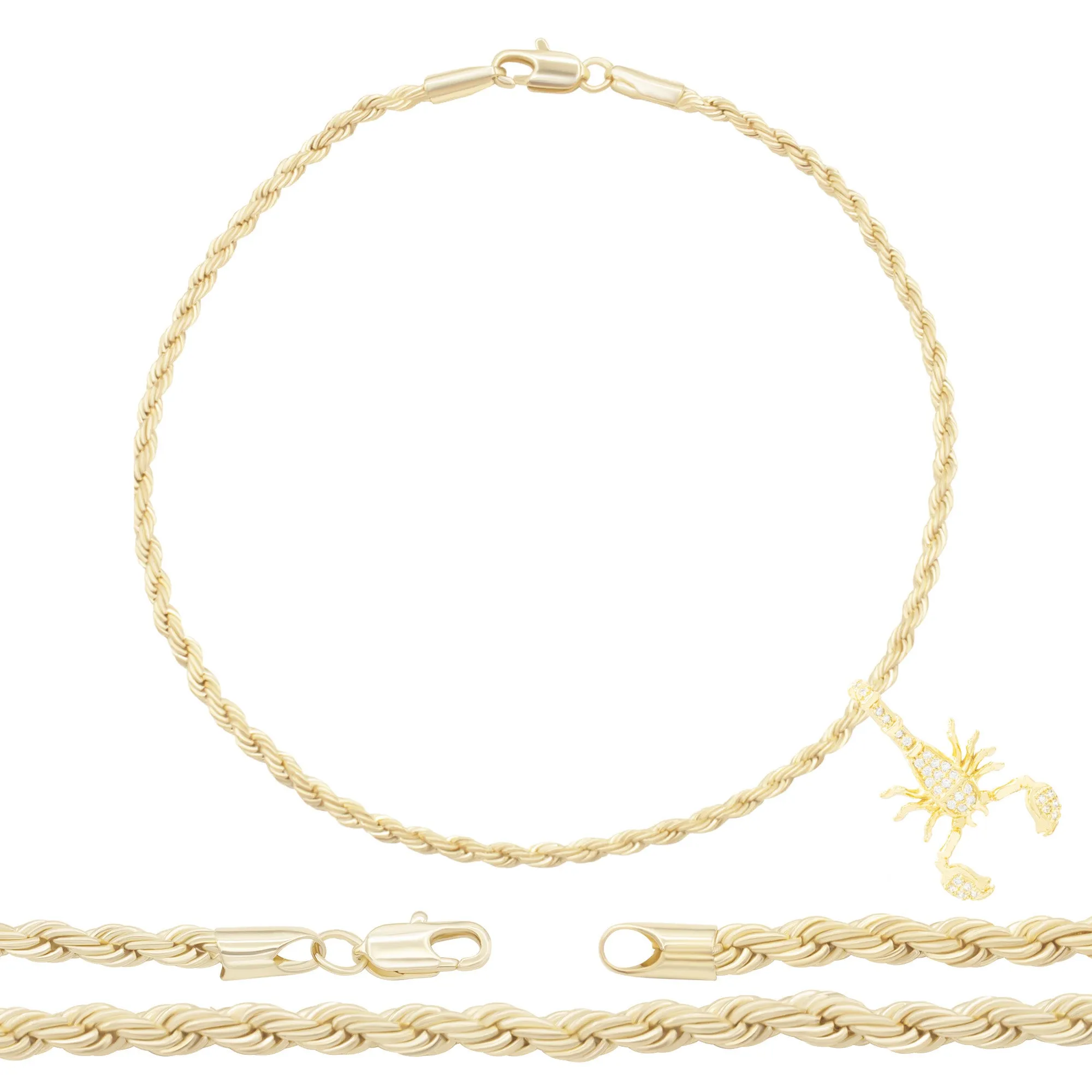 Scorpion CZ Pendant 14K Anklet Bracelet Gold Filled Cubic Zirconia Charm Rope Foot Set 10" WomenJewelry