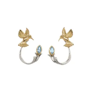 SIlver and 10k Gold Hummingbird Stud with Earring Jacket - Blue Topaz/Rhodolite/White Topaz/Peridot