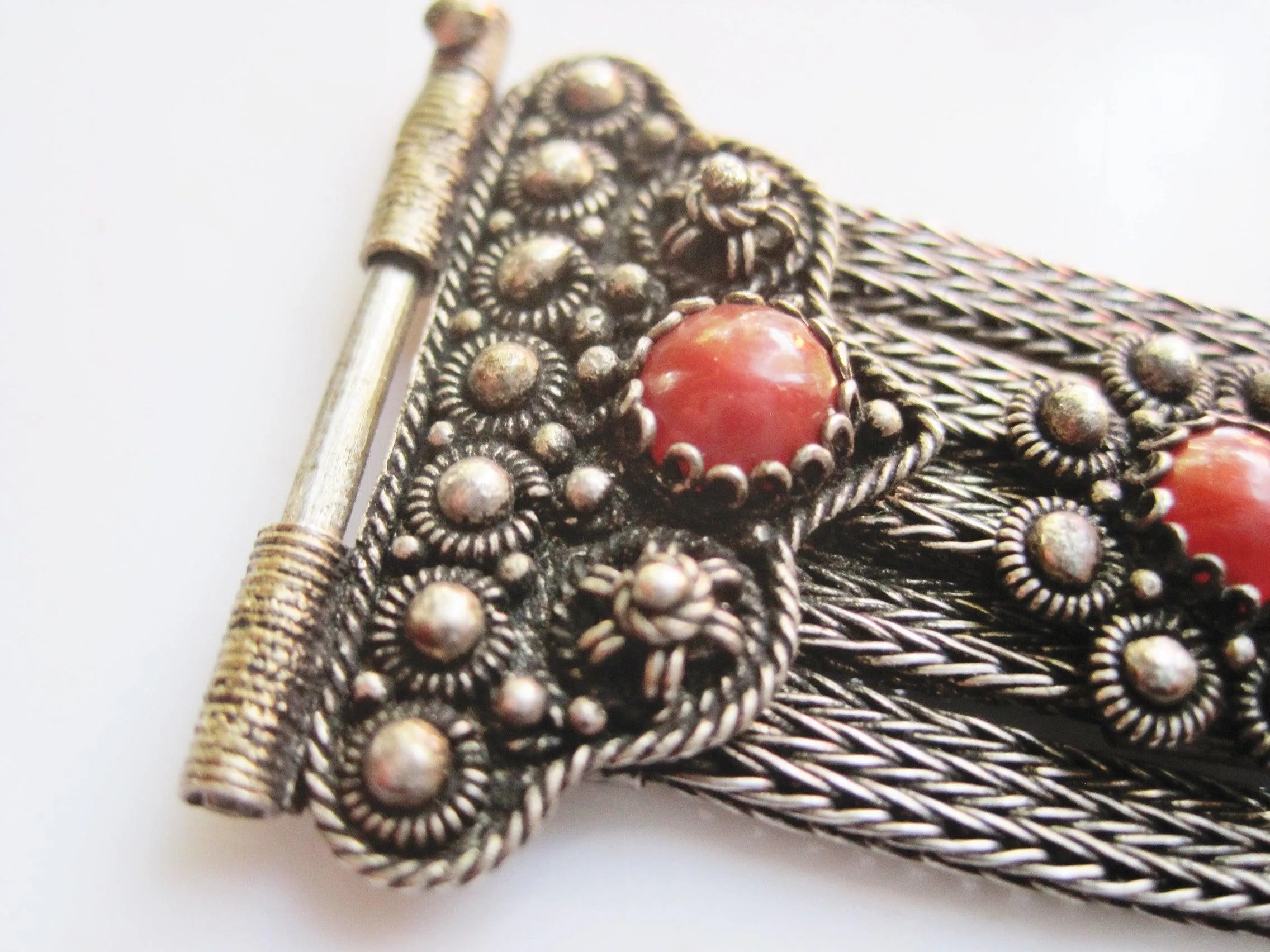 Silver Mesh Balkan Bracelet with Red Brown Cabochons