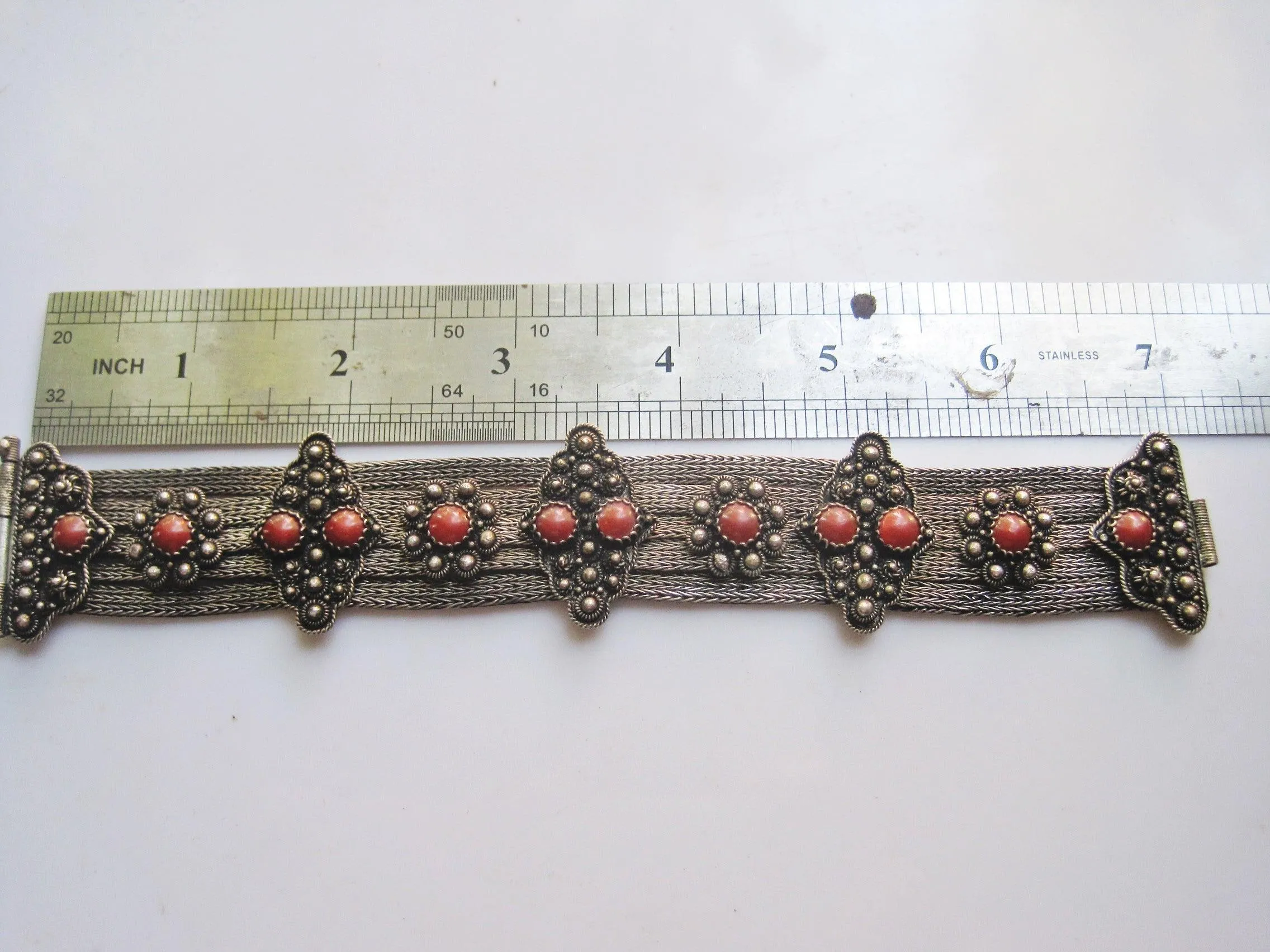 Silver Mesh Balkan Bracelet with Red Brown Cabochons