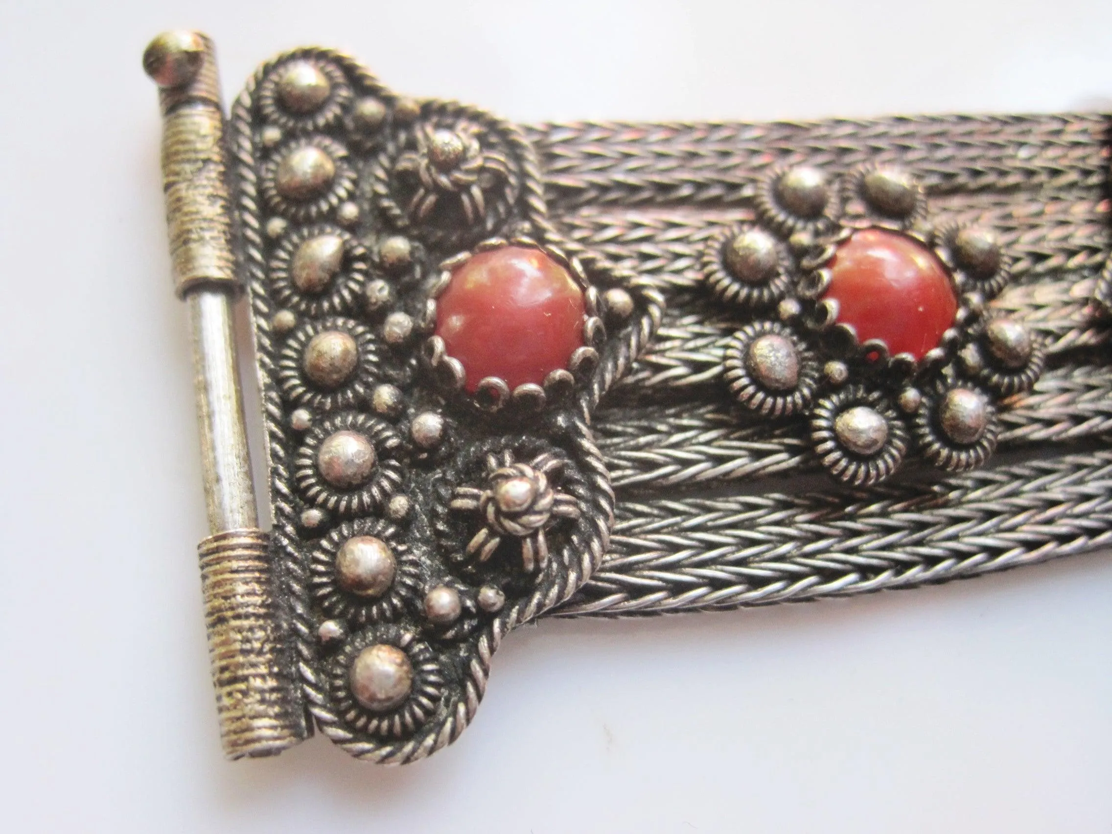 Silver Mesh Balkan Bracelet with Red Brown Cabochons