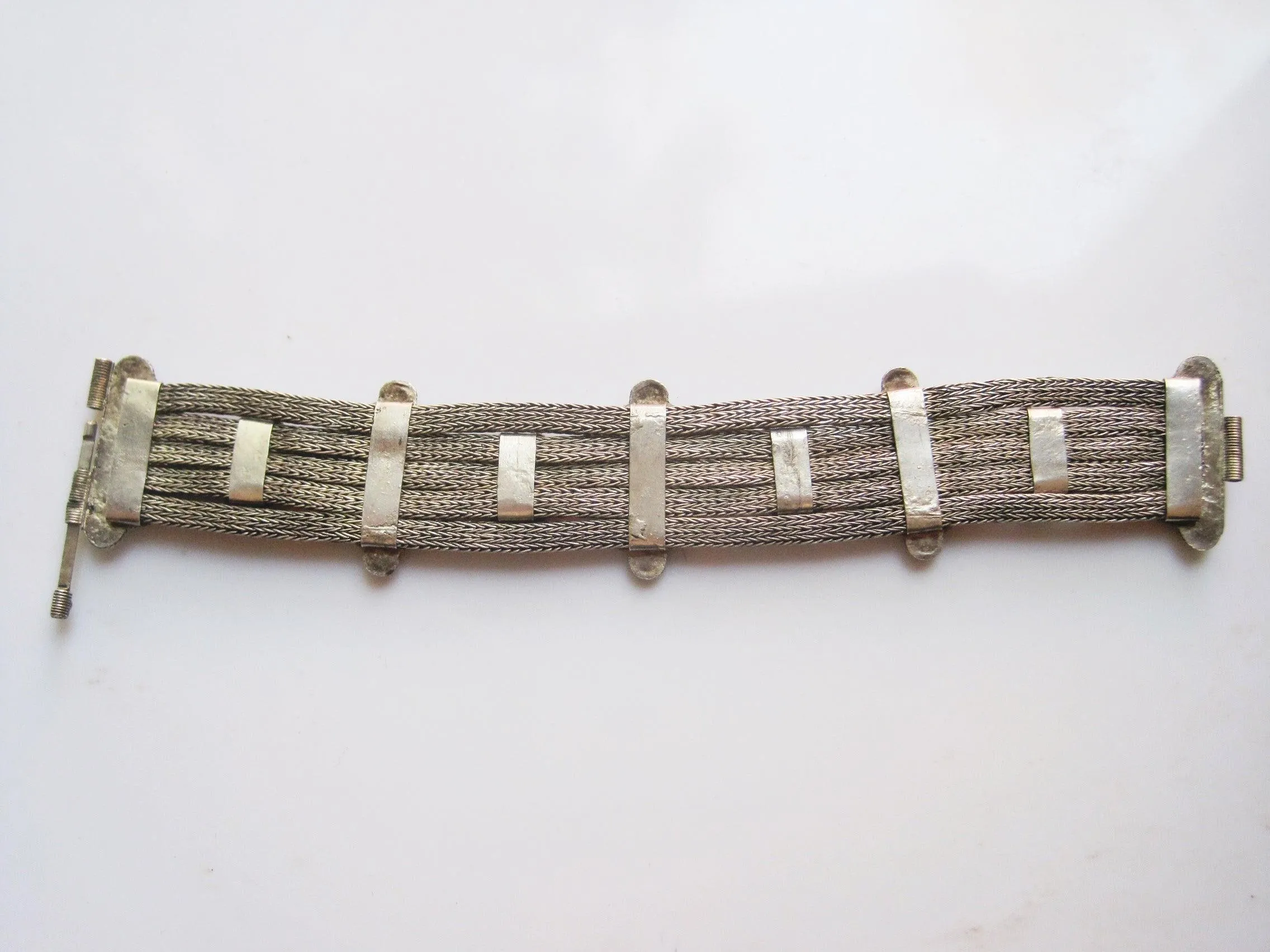 Silver Mesh Balkan Bracelet with Red Brown Cabochons