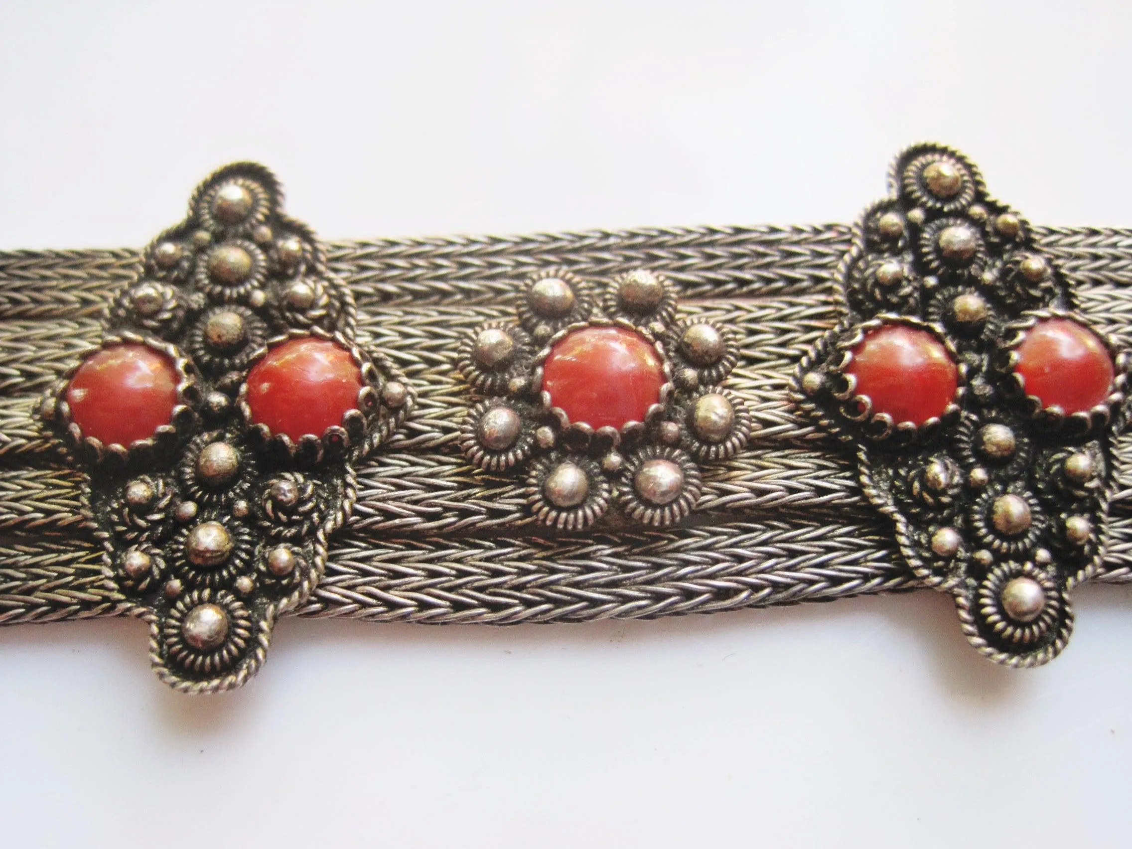 Silver Mesh Balkan Bracelet with Red Brown Cabochons