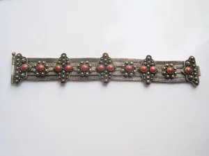 Silver Mesh Balkan Bracelet with Red Brown Cabochons