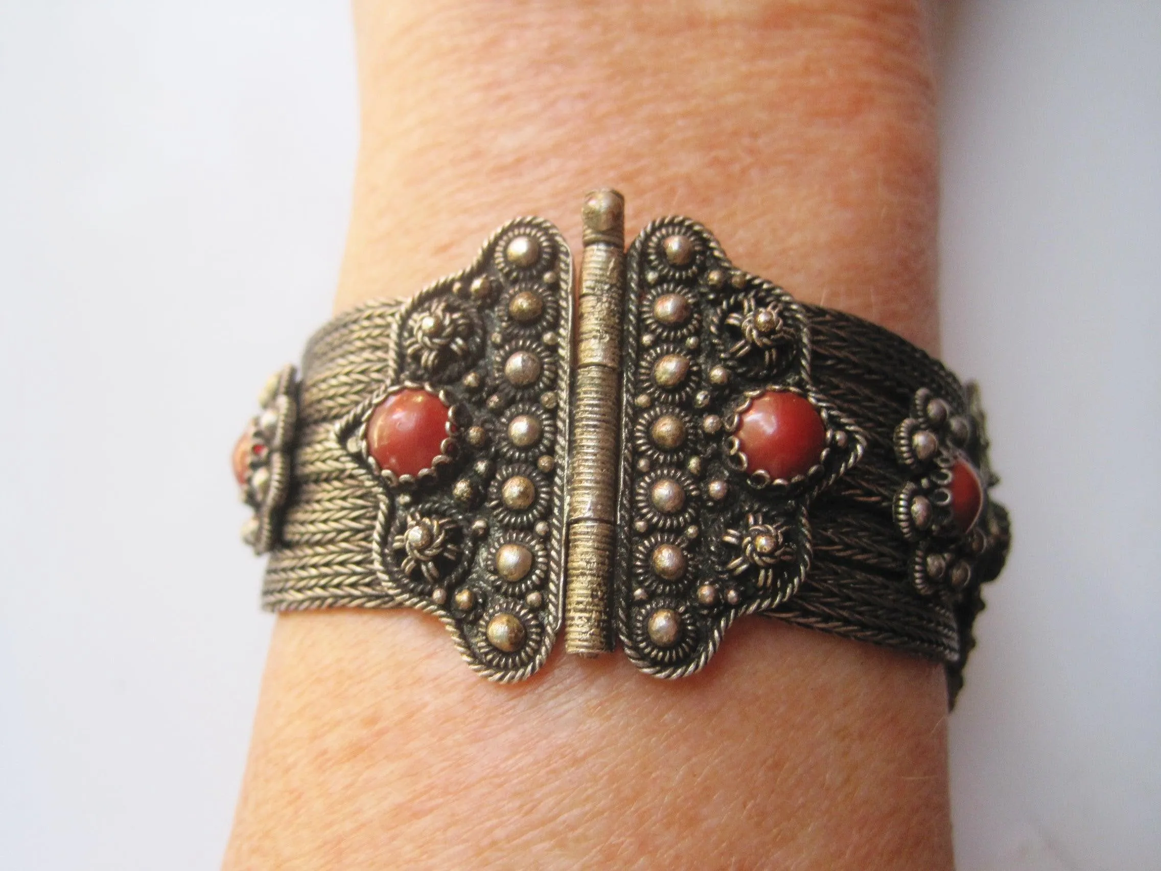 Silver Mesh Balkan Bracelet with Red Brown Cabochons