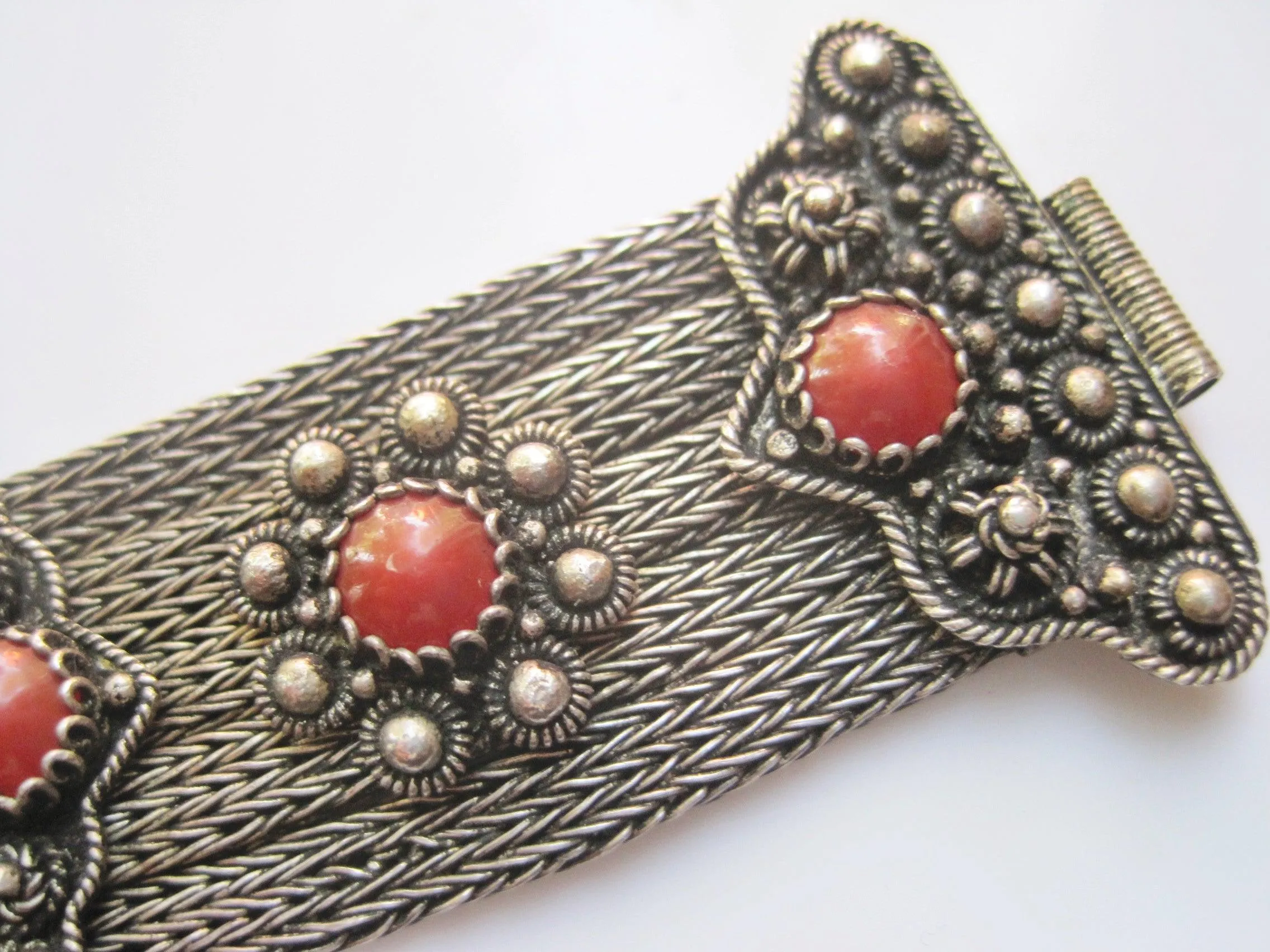 Silver Mesh Balkan Bracelet with Red Brown Cabochons