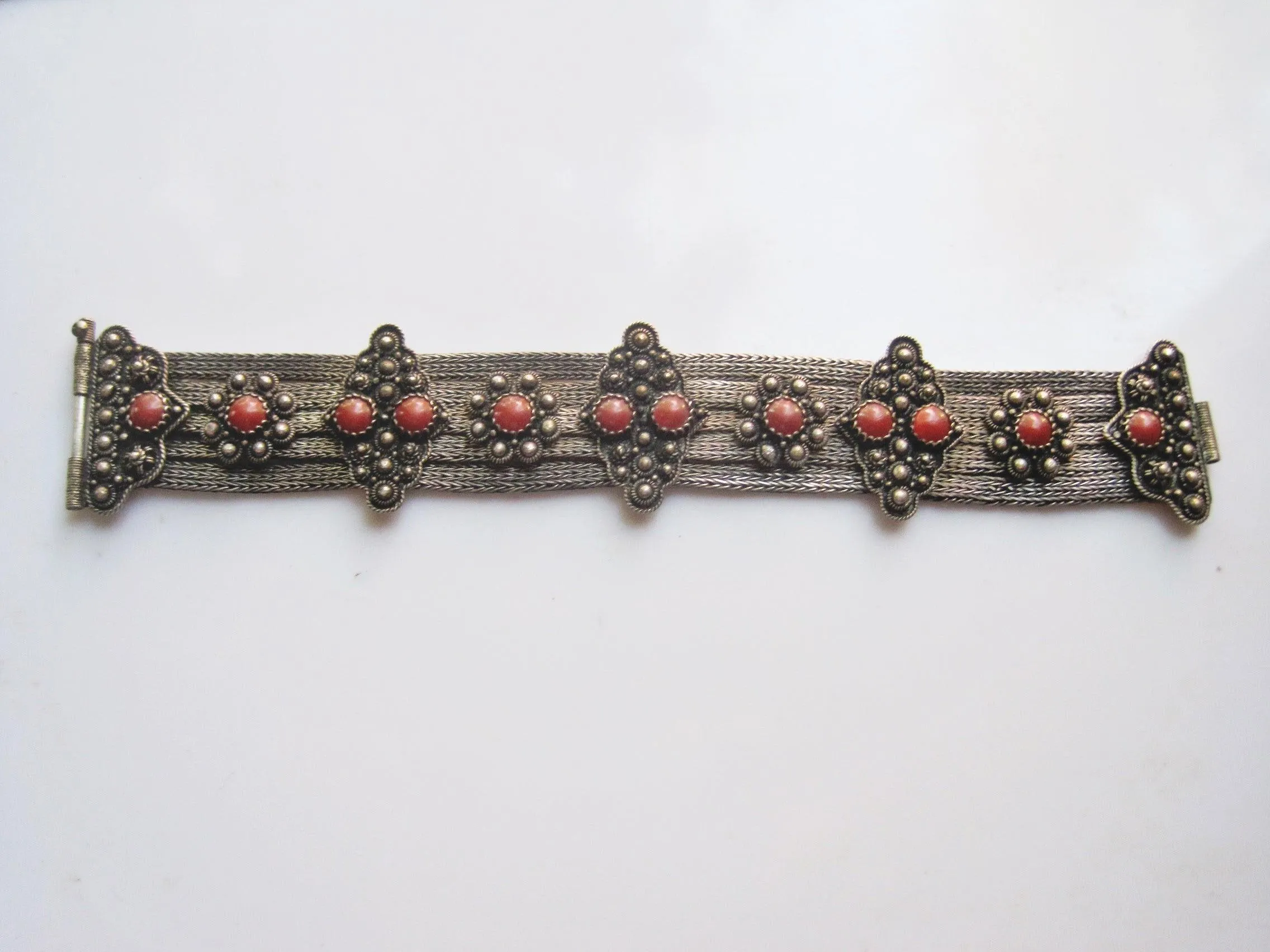 Silver Mesh Balkan Bracelet with Red Brown Cabochons