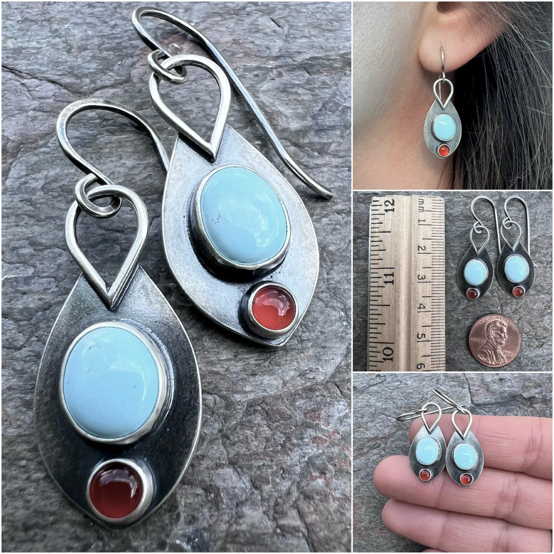 SOLD Turquoise and Carnelian Sterling Silver Earrings - Handmade One-of-a-kind Earrings