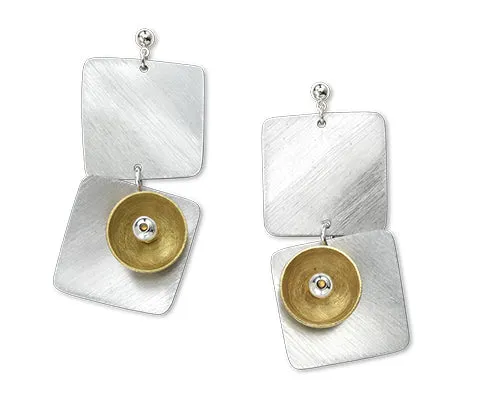 SPRAY LONG Curved Squares Mixed Metal Post Earrings with Metal and Accent Bead Options from the SCULPTURAL Collection
