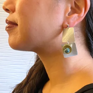 SPRAY LONG Curved Squares Mixed Metal Post Earrings with Metal and Accent Bead Options from the SCULPTURAL Collection